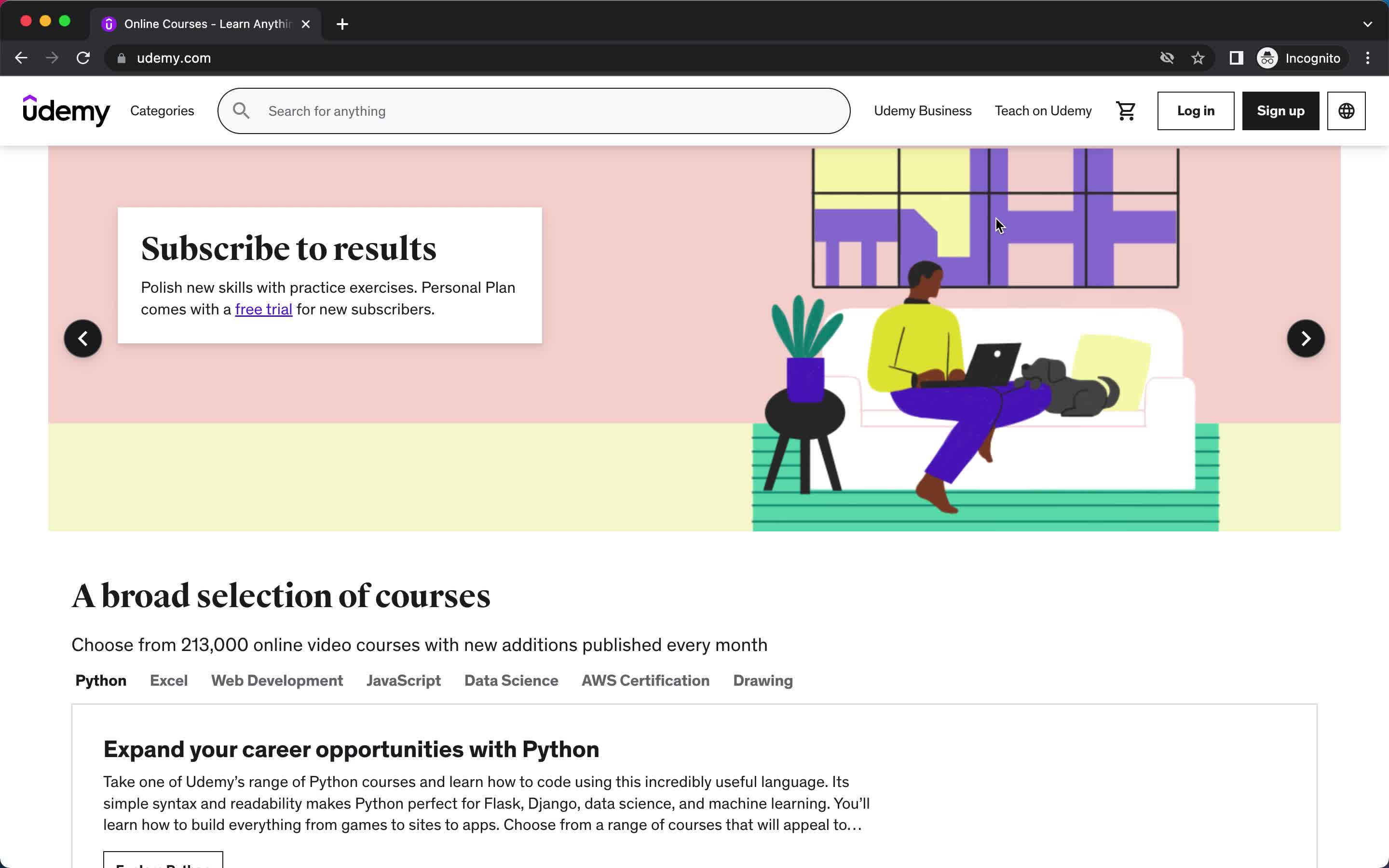 Screenshot of Homepage on Teacher signup on Udemy user flow