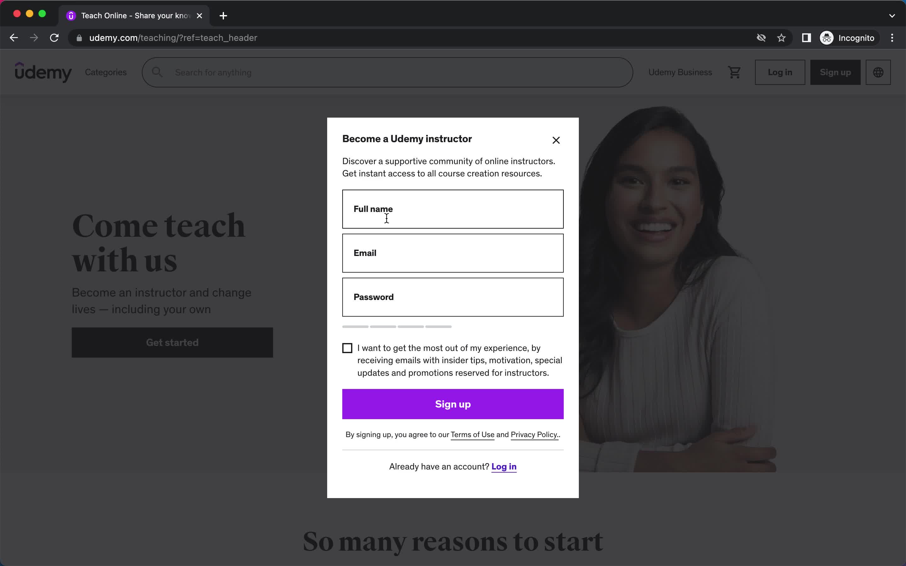 Screenshot of Sign up on Teacher signup on Udemy user flow