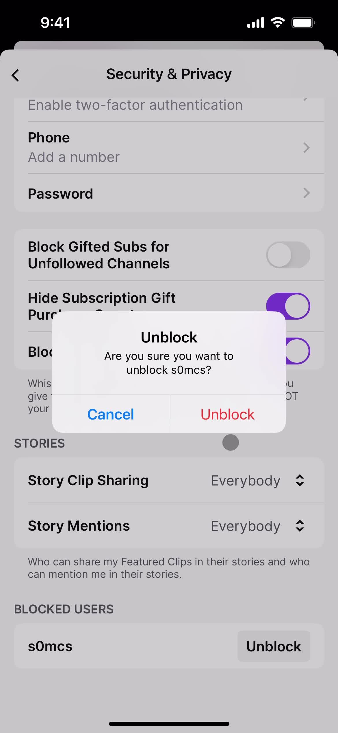 Blocking a user screenshot