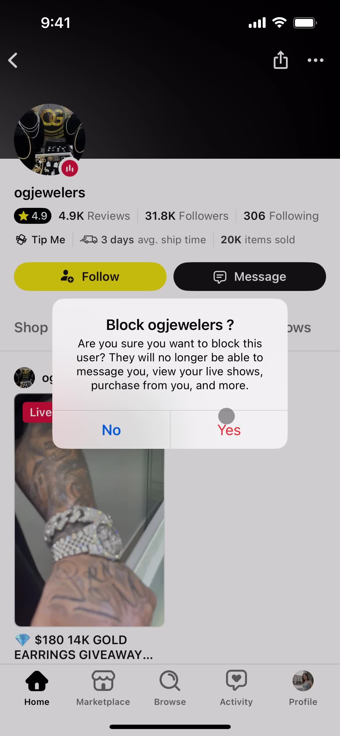 Blocking a user screenshot