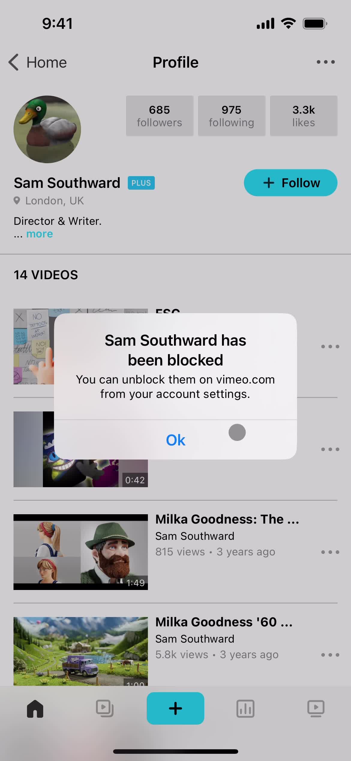 Blocking a user on Vimeo video thumbnail