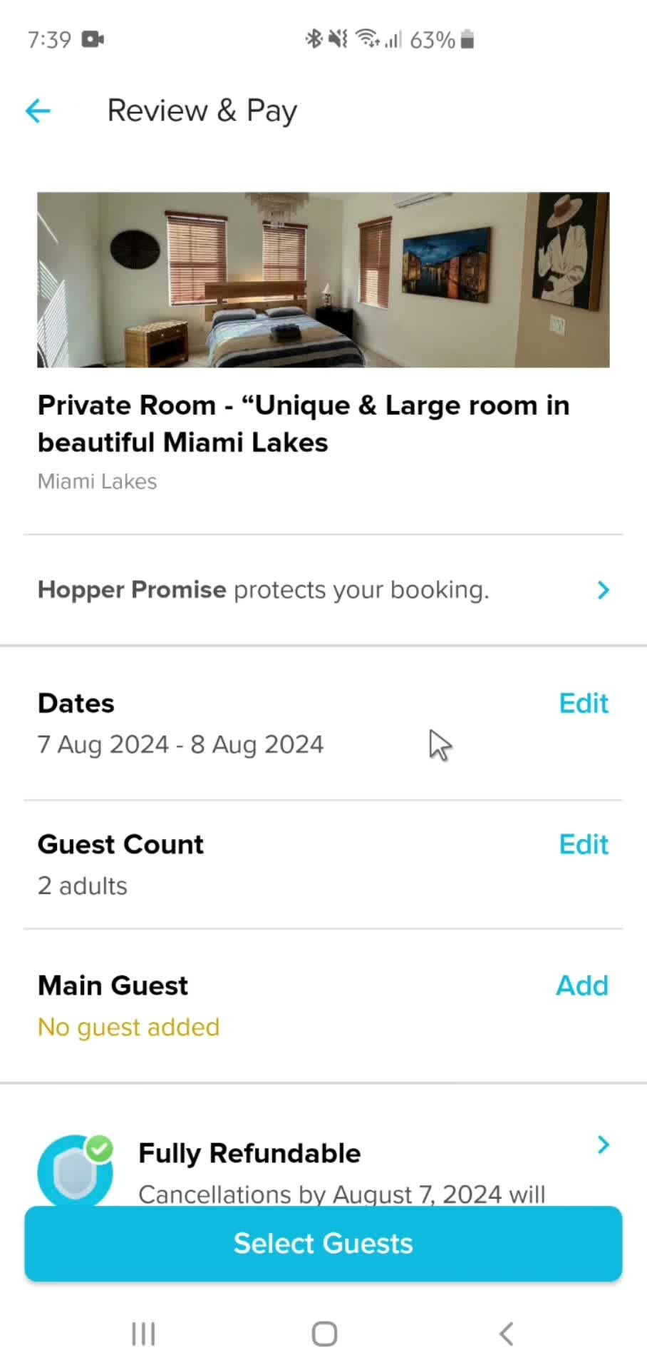 Booking a room screenshot