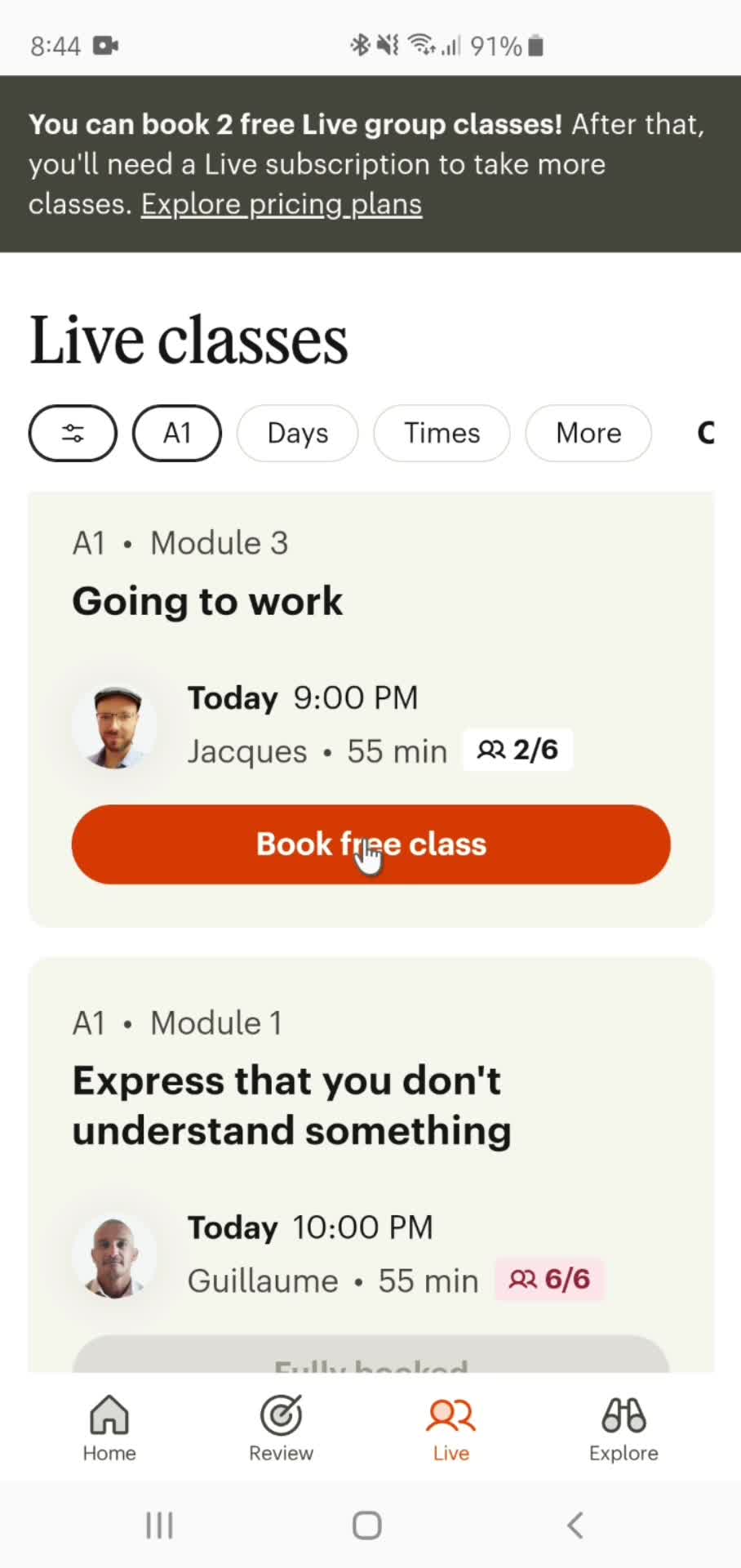 Booking free classes screenshot