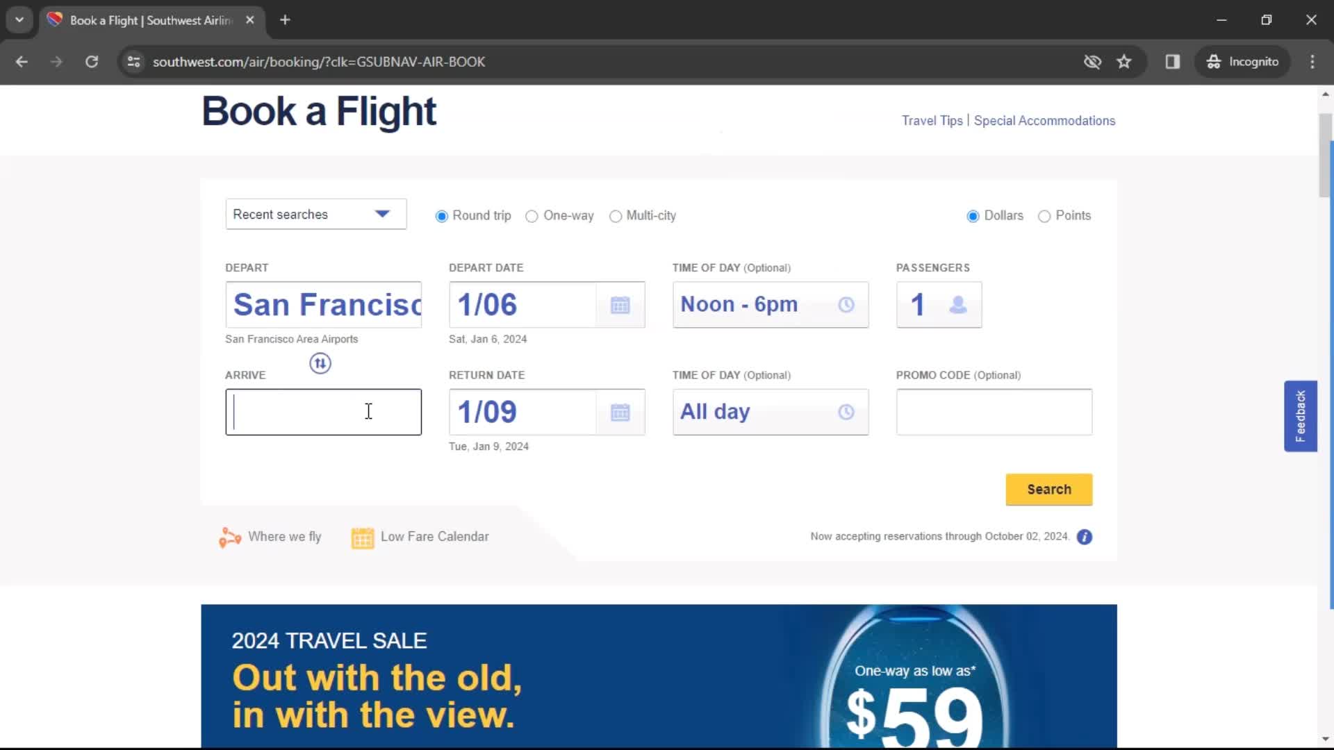 Booking a flight screenshot