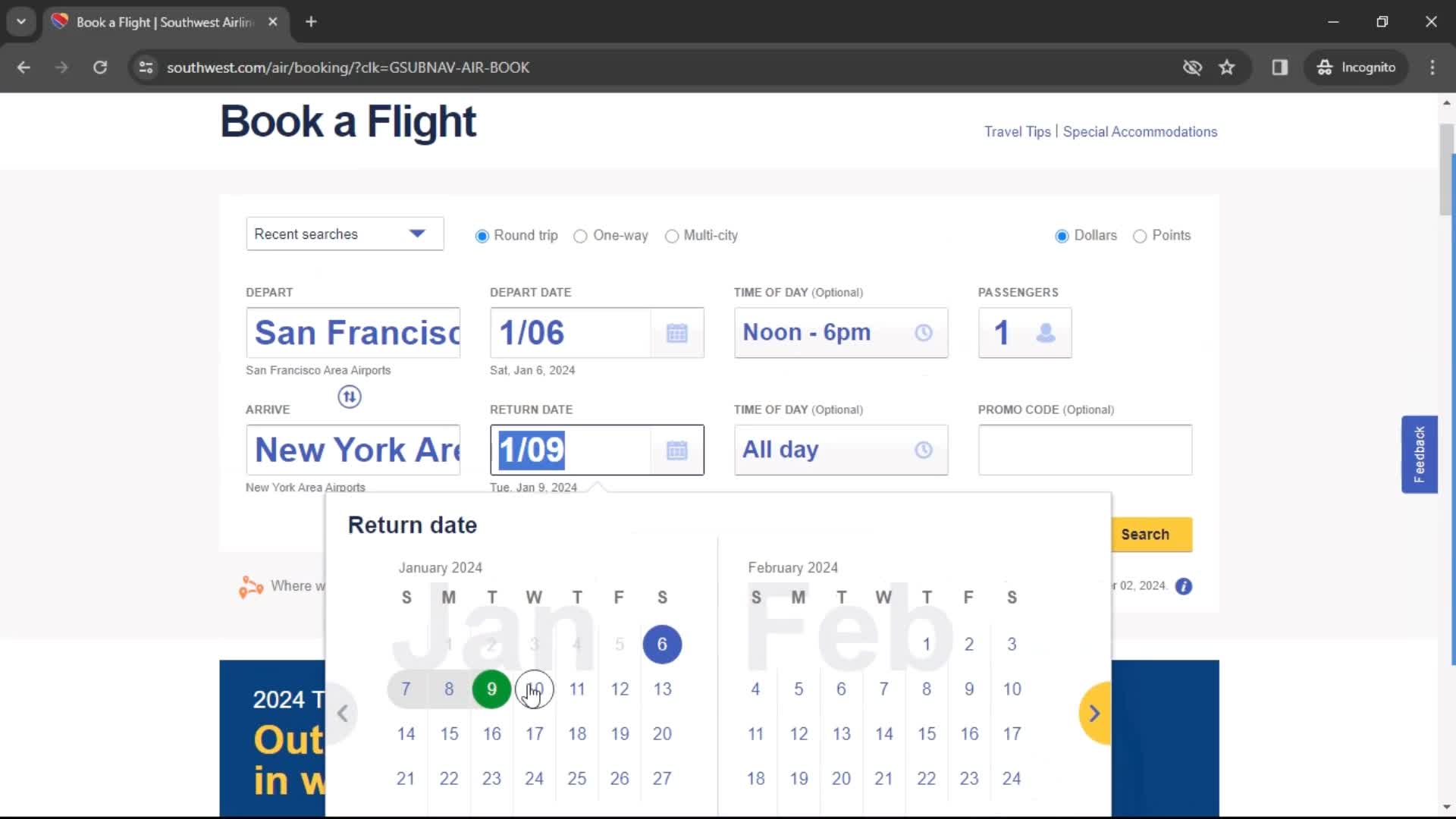 Booking a flight screenshot