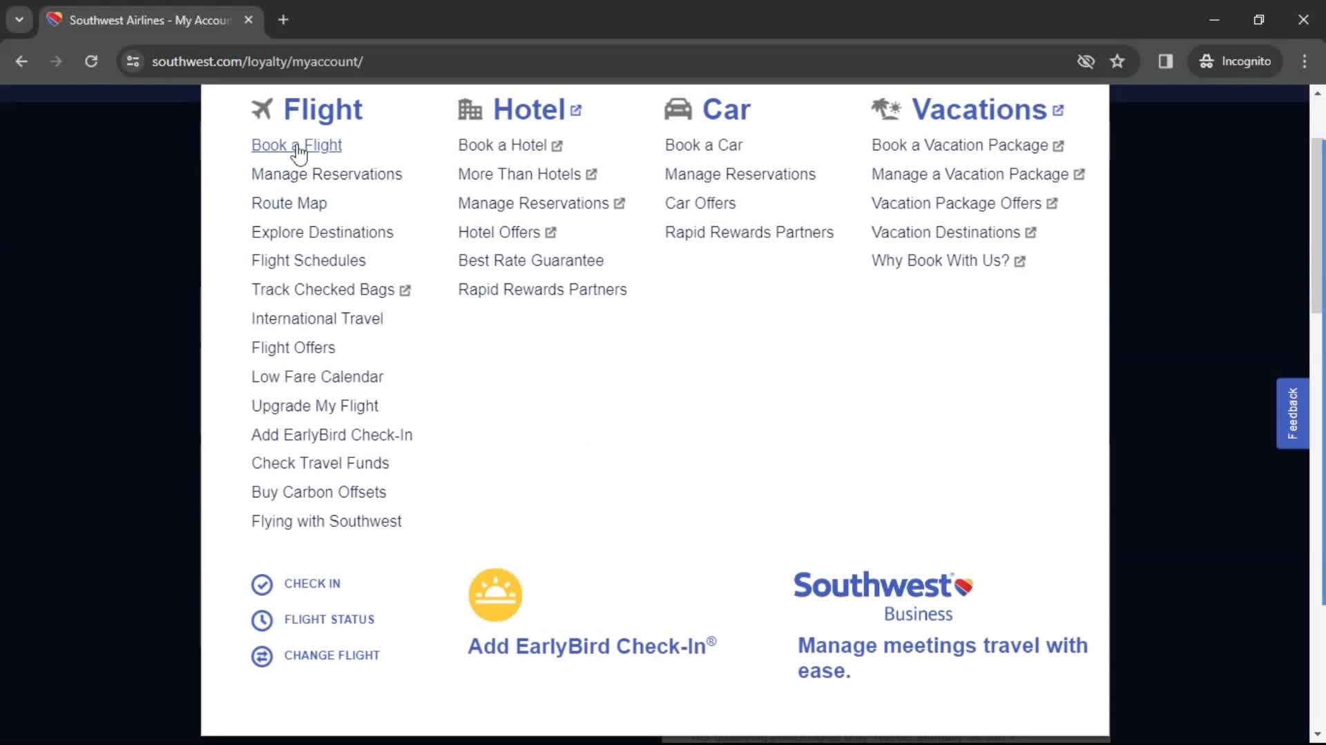 Booking a flight screenshot