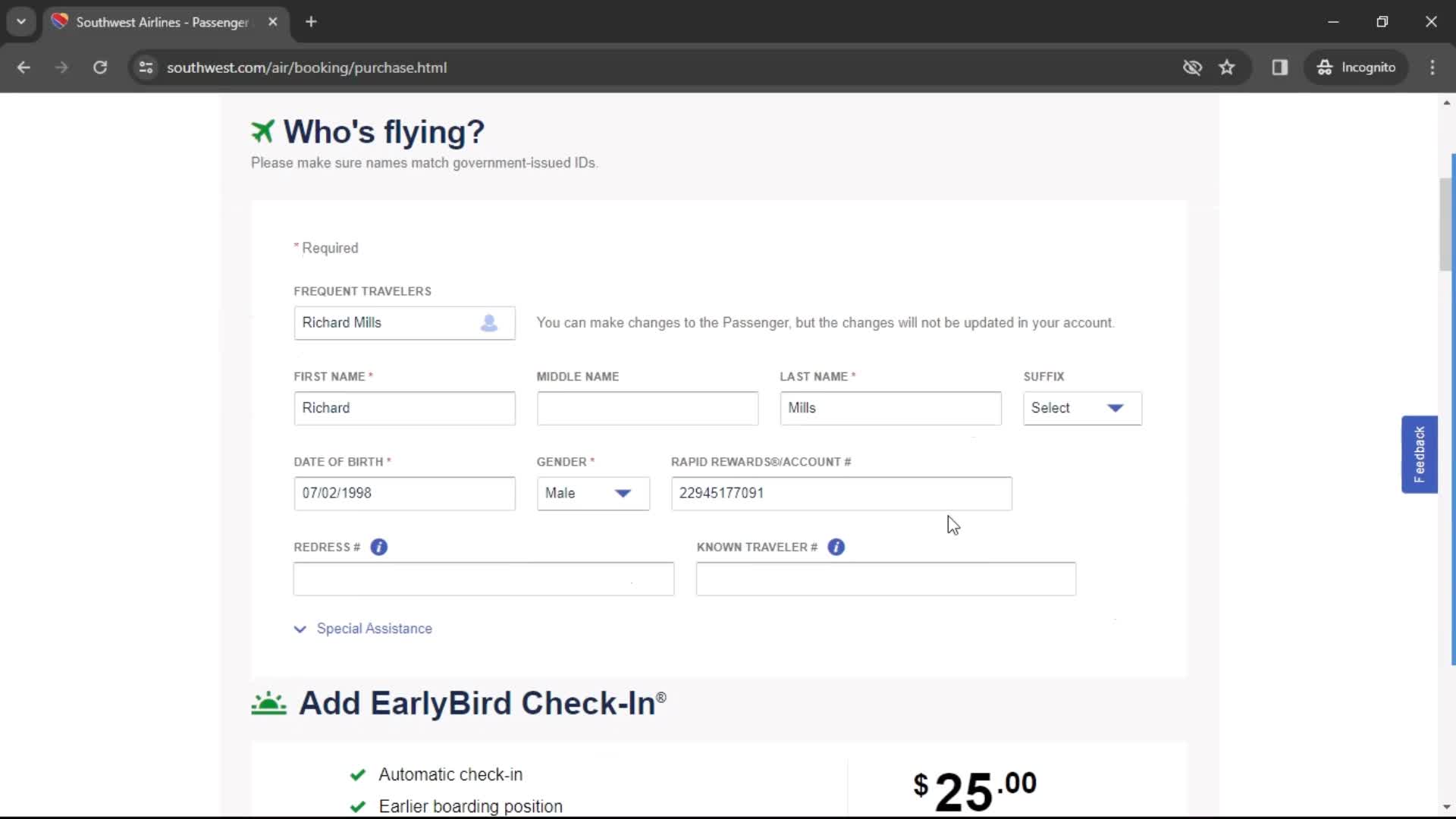 Booking a flight screenshot