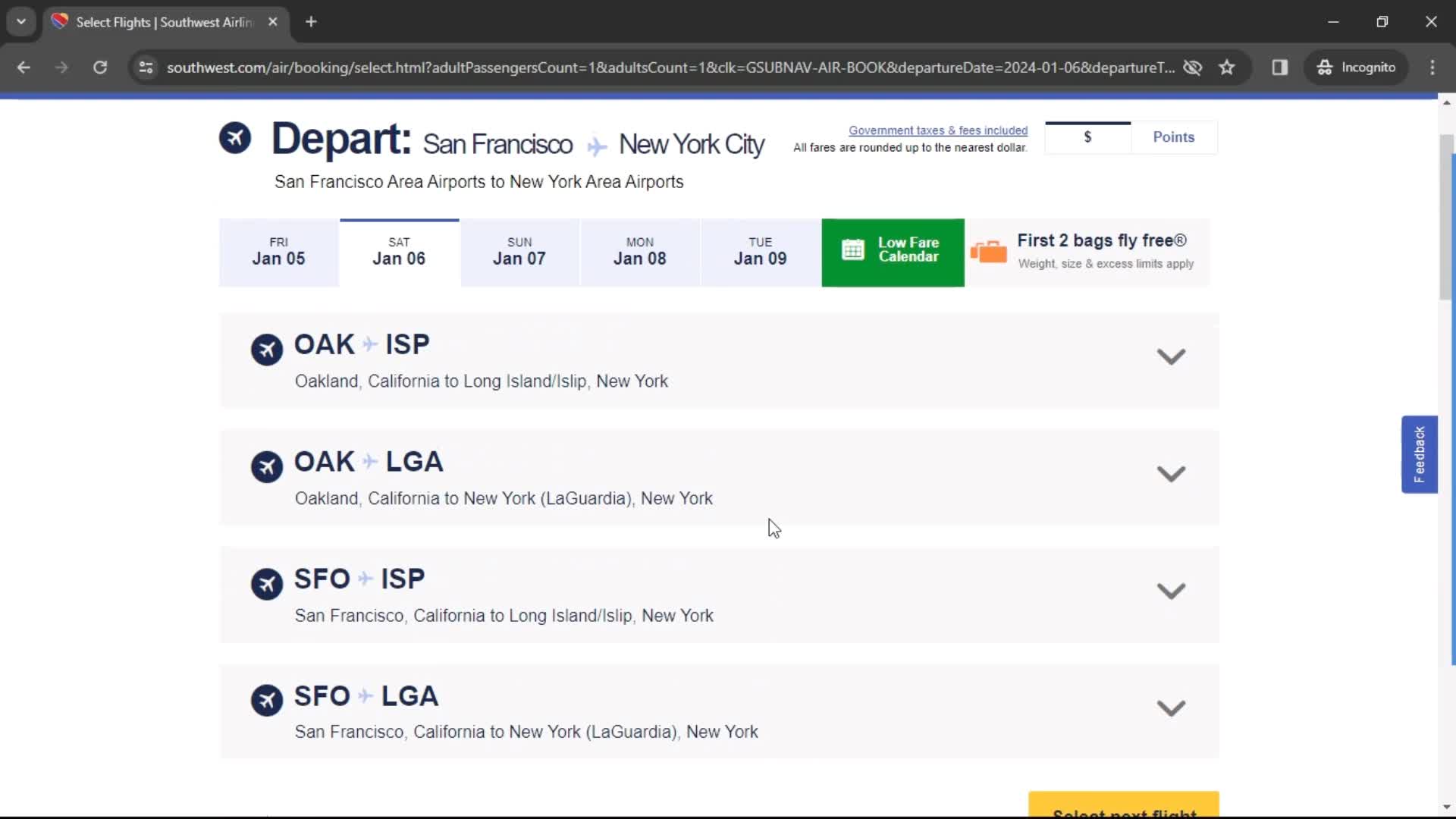 Booking a flight screenshot