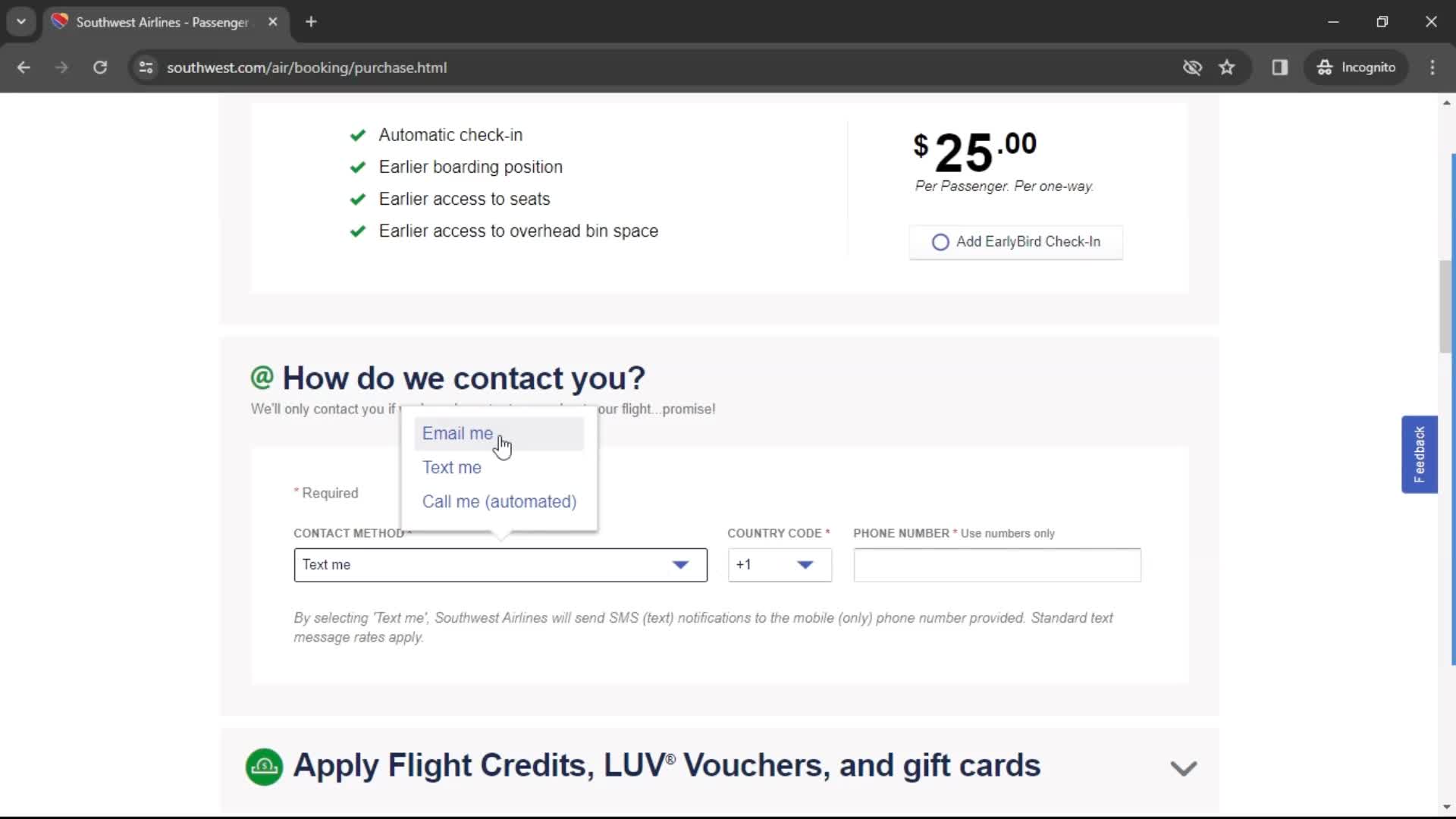 Booking a flight screenshot