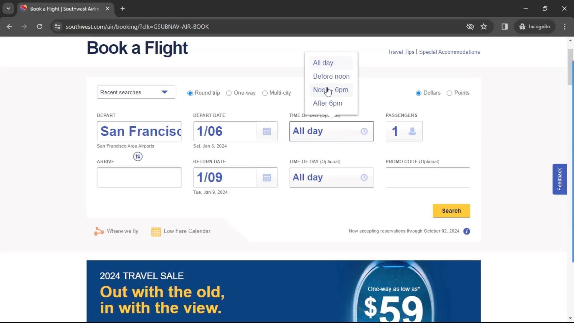 Booking a flight screenshot