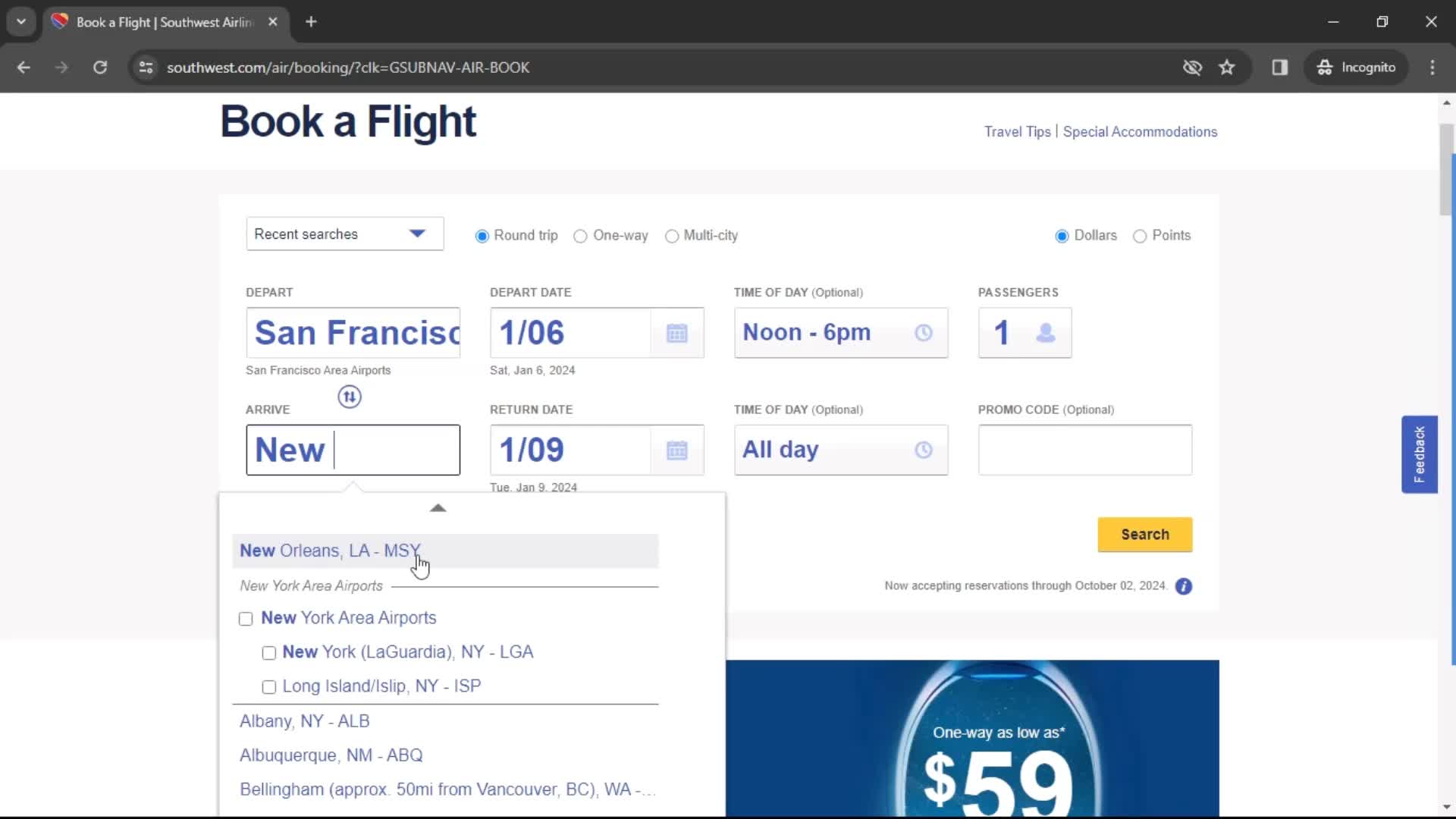 Booking a flight screenshot