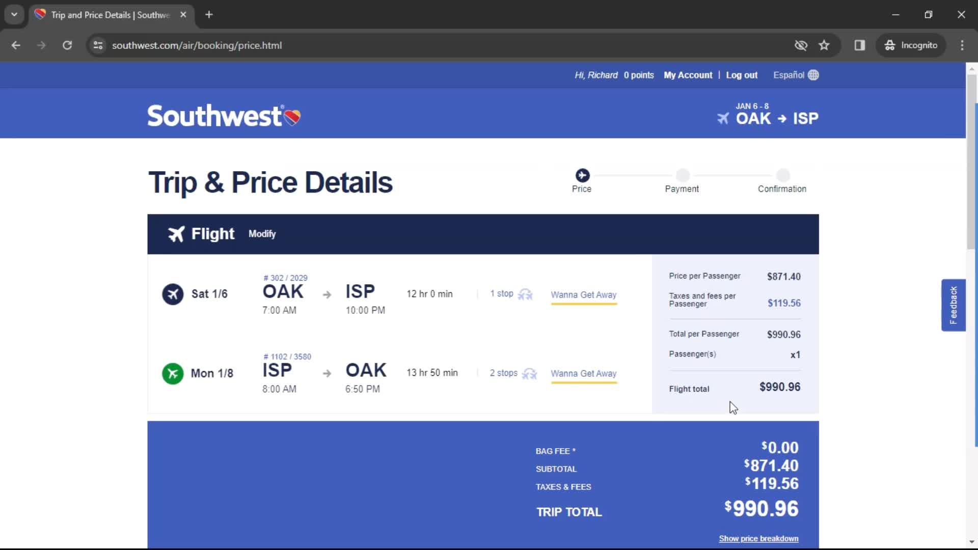 Booking a flight screenshot