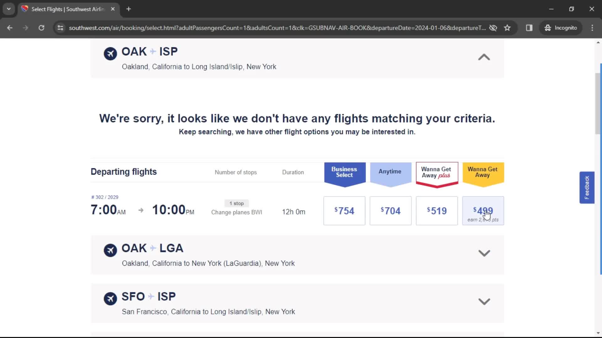 Booking a flight screenshot