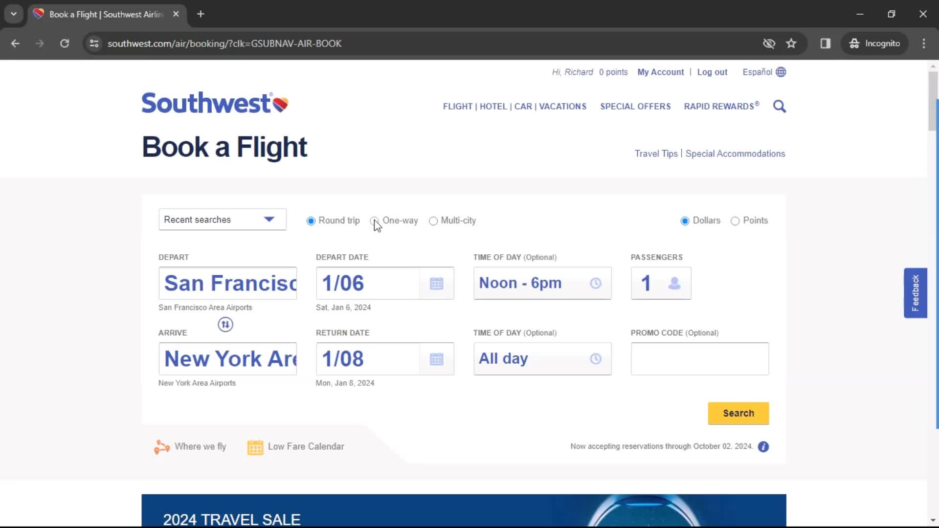 Booking a flight screenshot