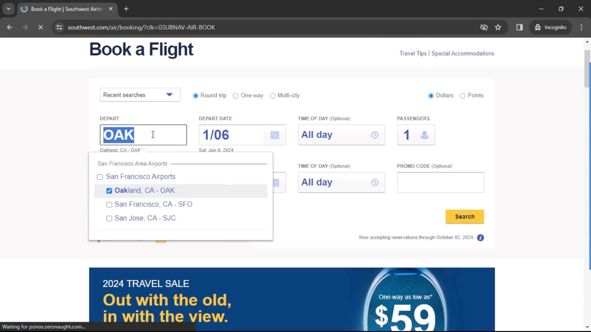 Booking a flight screenshot