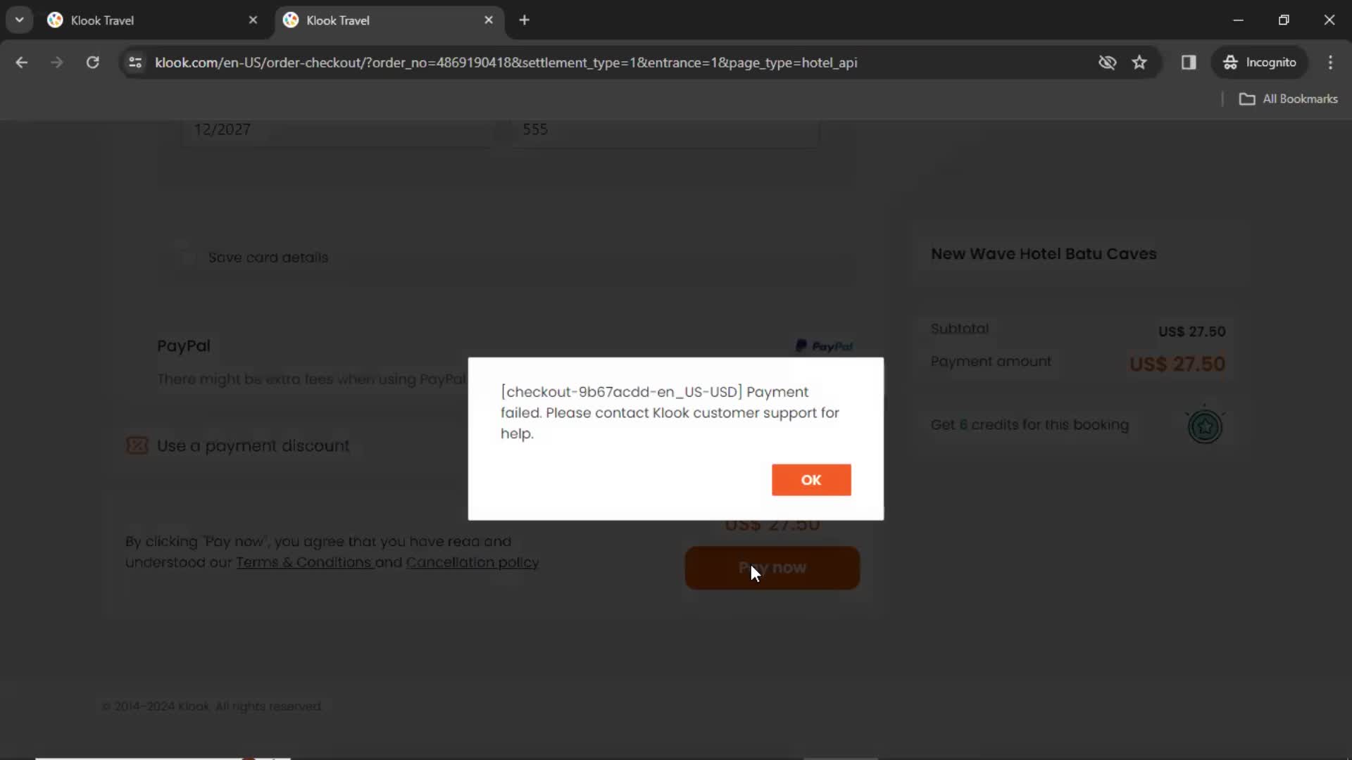 Klook submit error screenshot