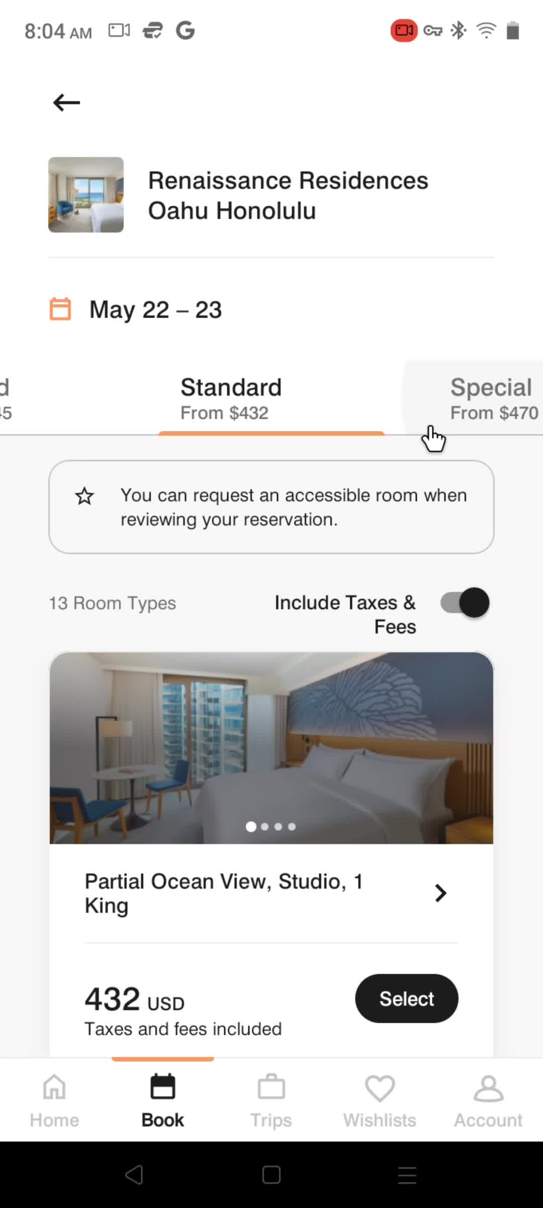 Booking a room screenshot