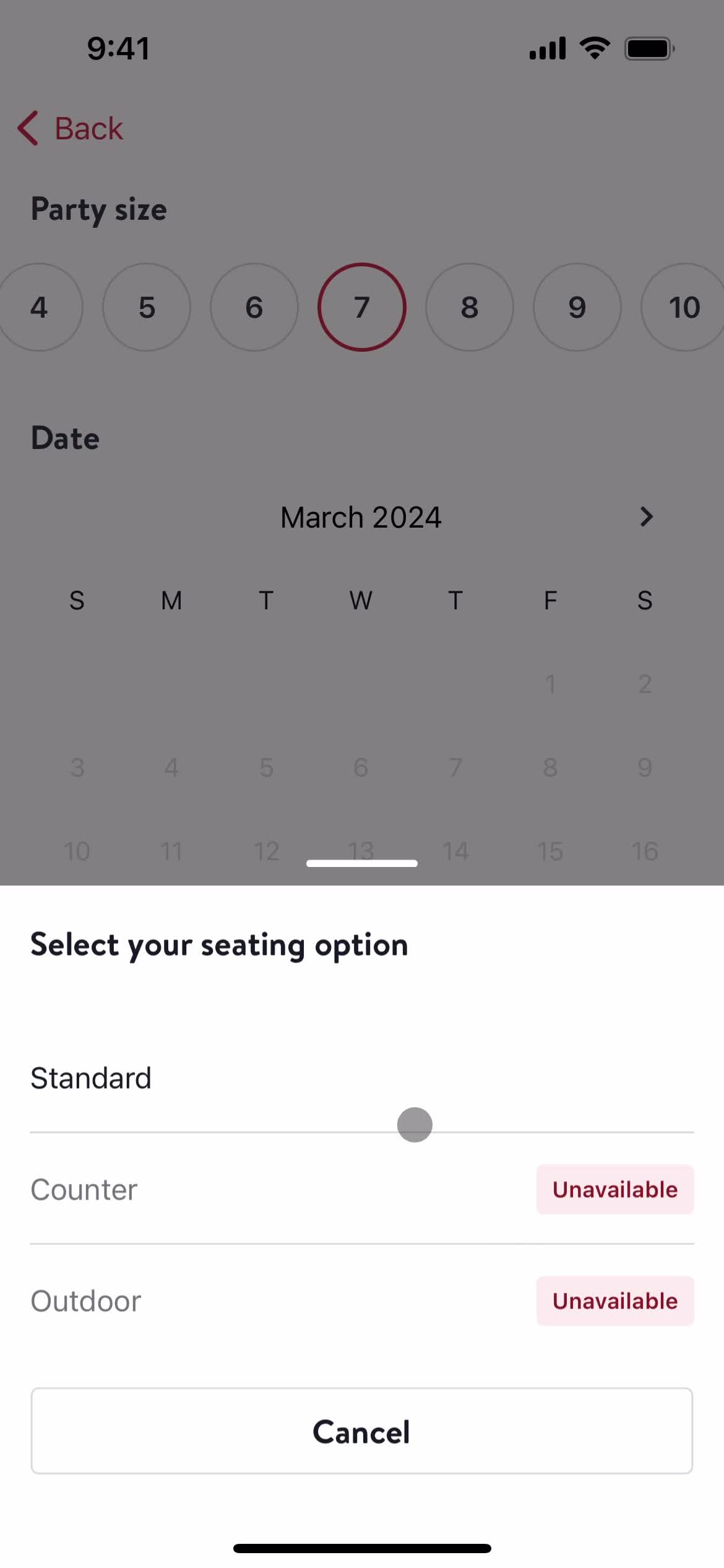 Booking a table screenshot