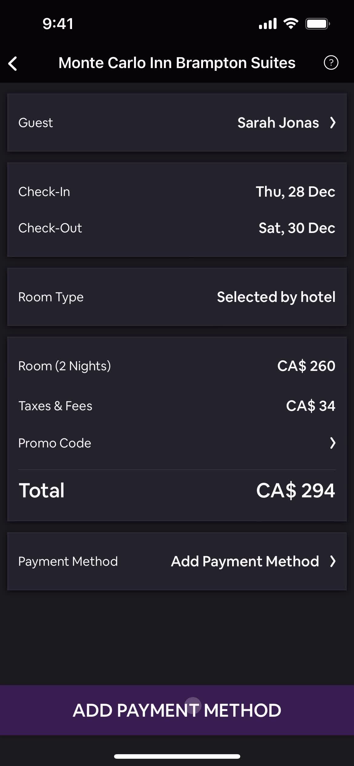 Booking a room screenshot