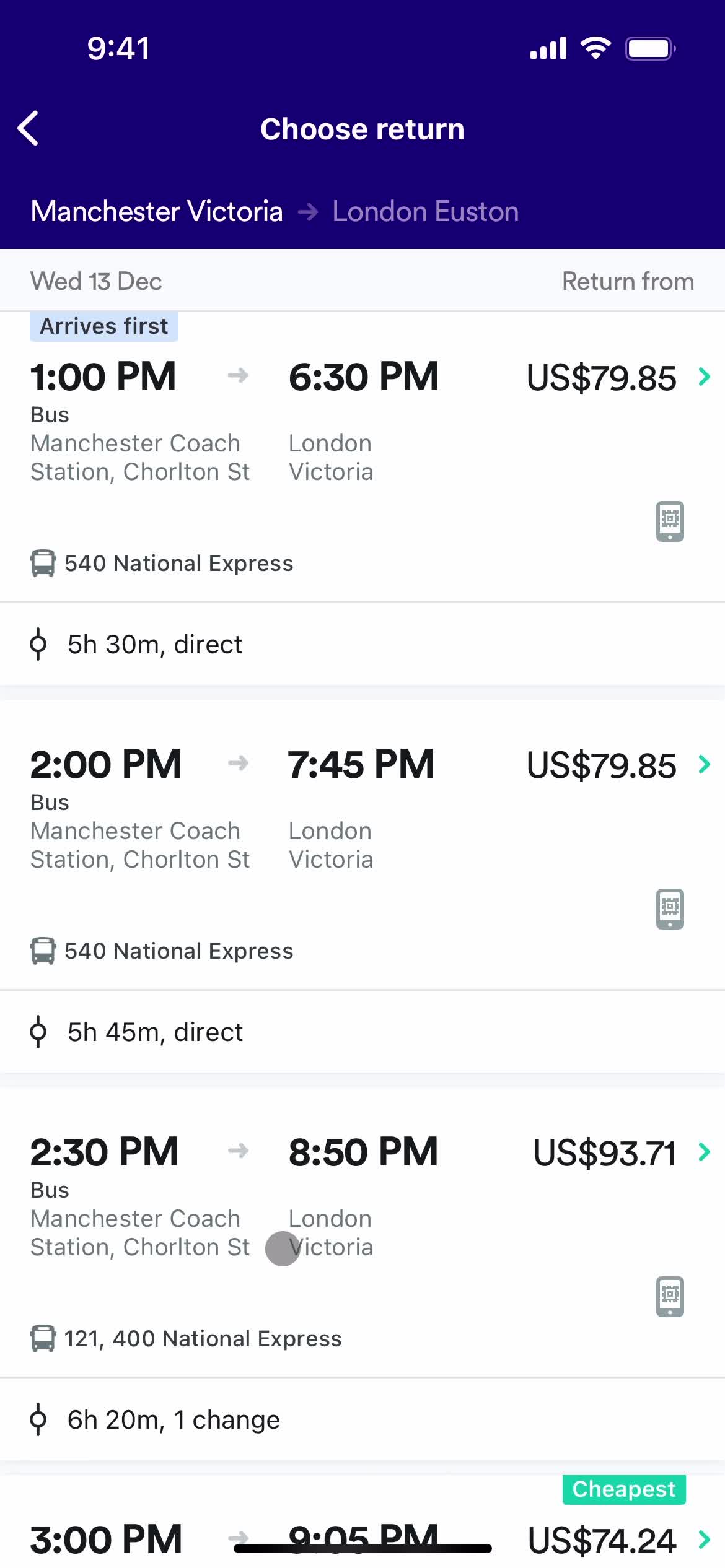 Booking transport screenshot