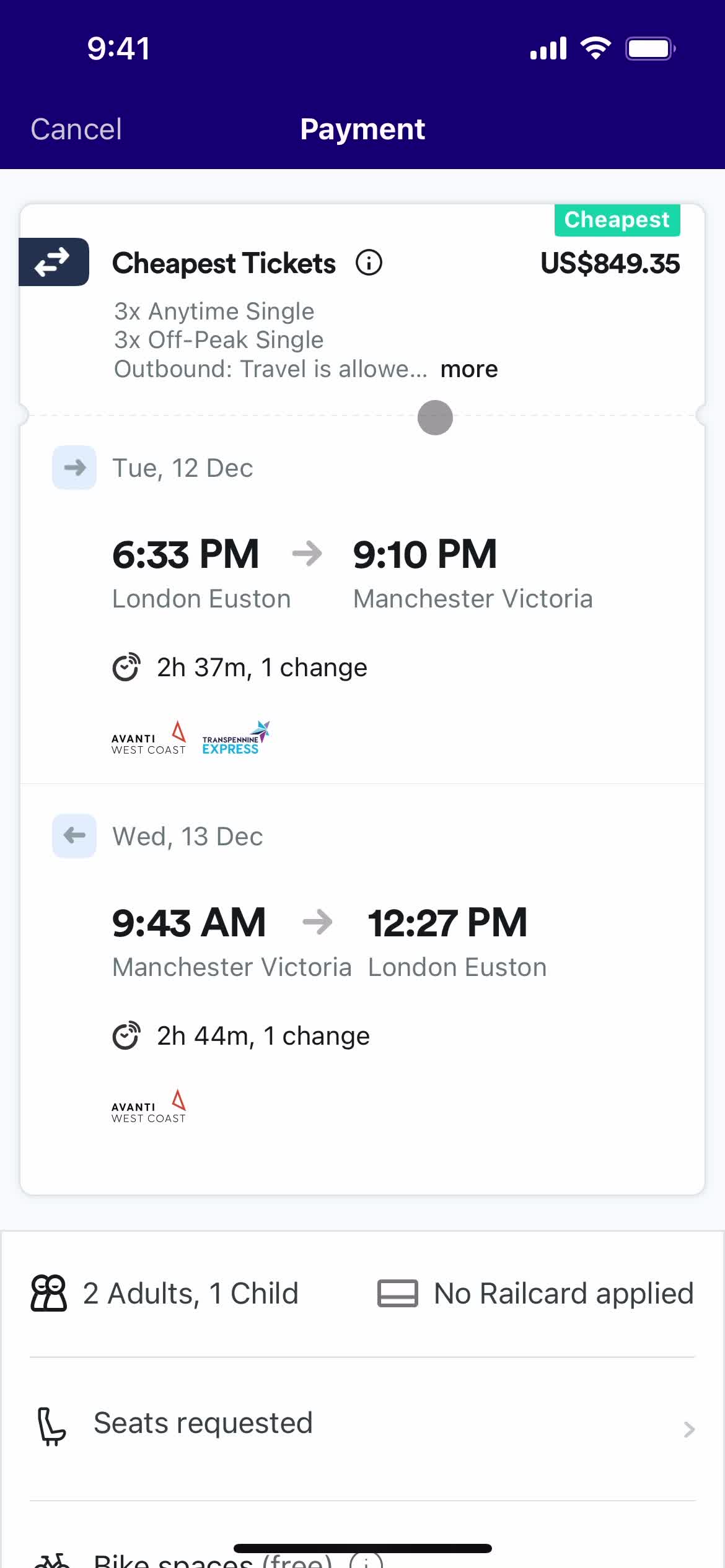 Booking transport screenshot