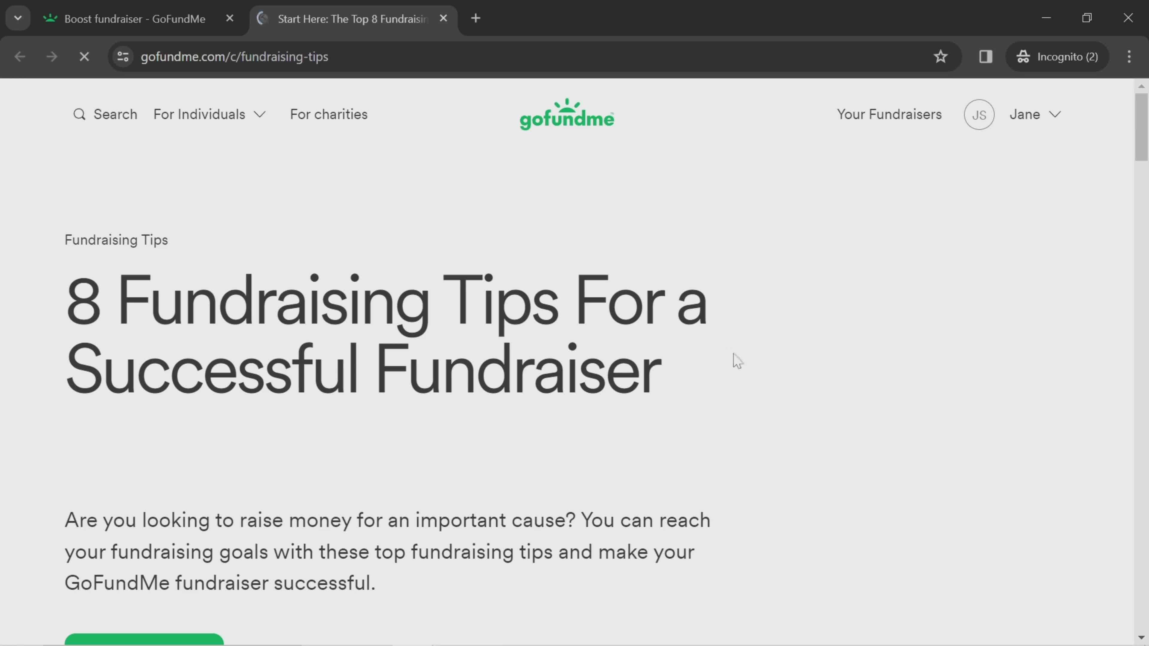 Boosting a fundraiser screenshot