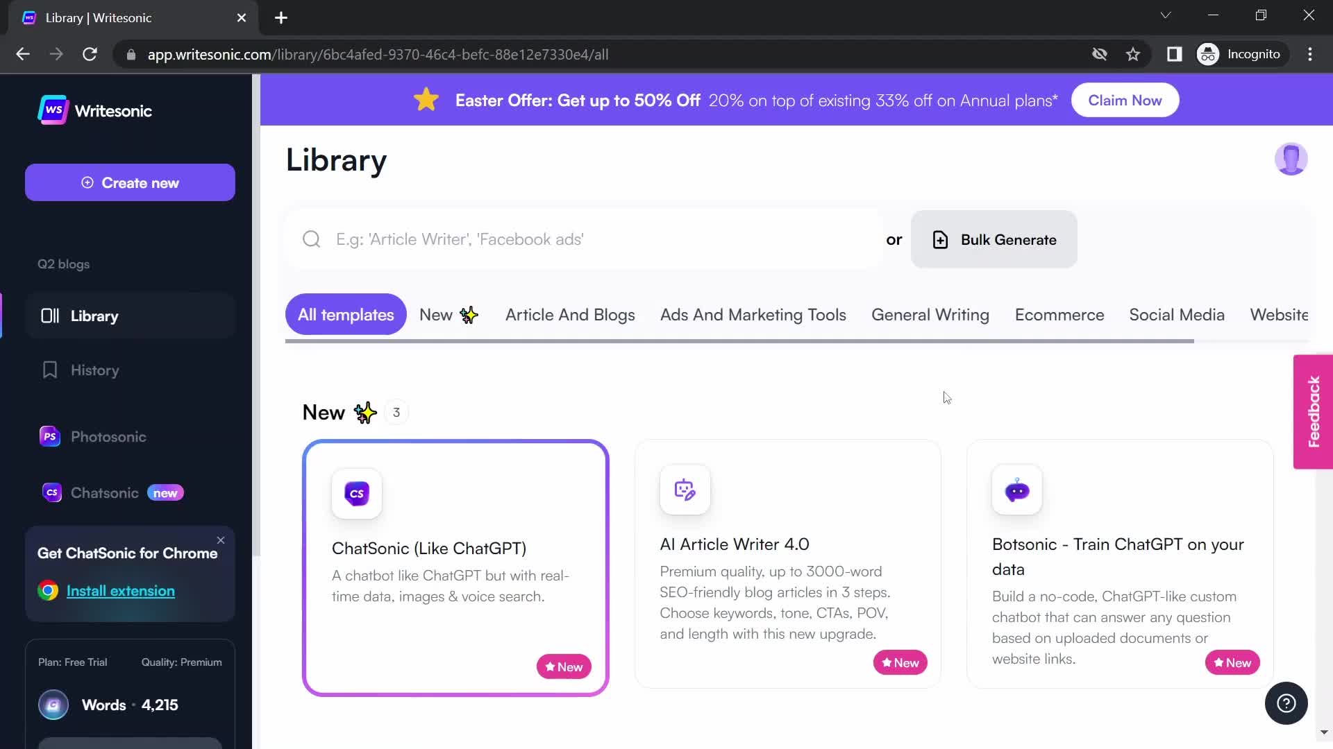 Screenshot of Library on Building a chat bot on Writesonic user flow