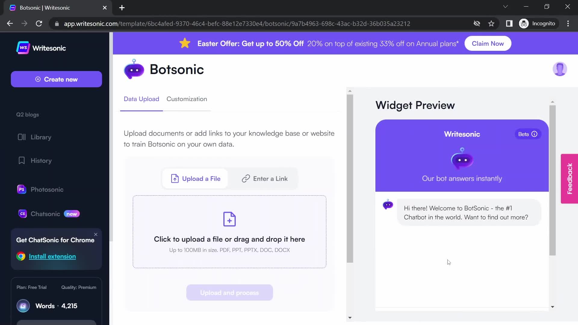 Screenshot of Upload file on Building a chat bot on Writesonic user flow