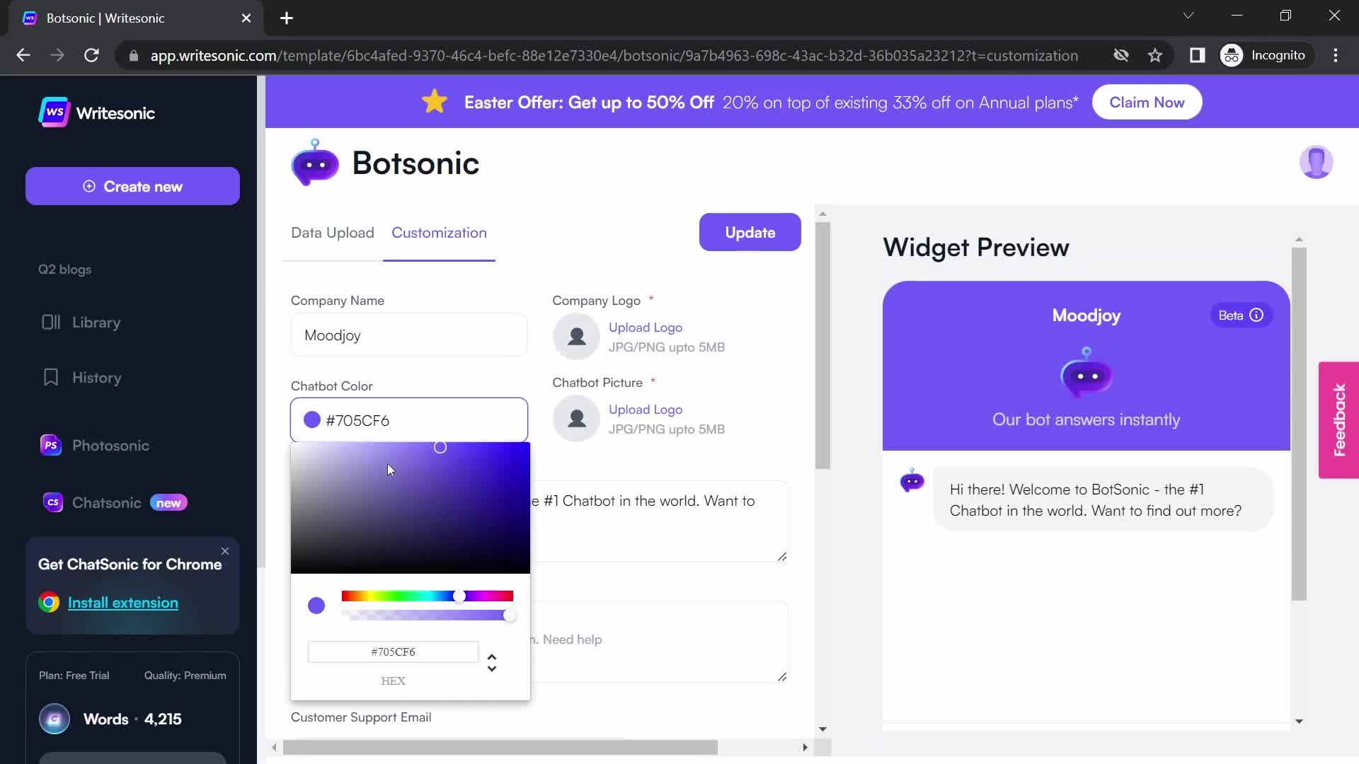 Screenshot of Select color on Building a chat bot on Writesonic user flow