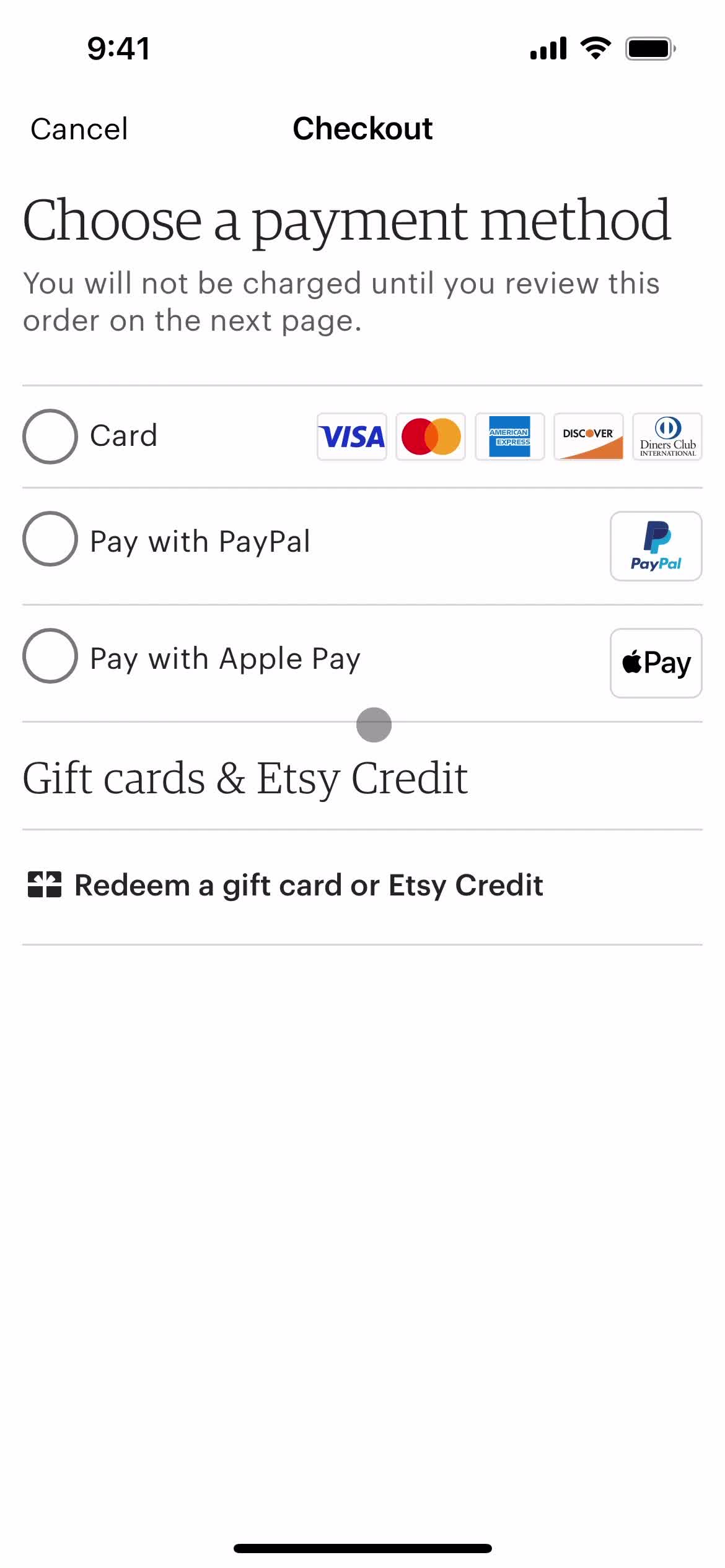 Etsy select payment method screenshot