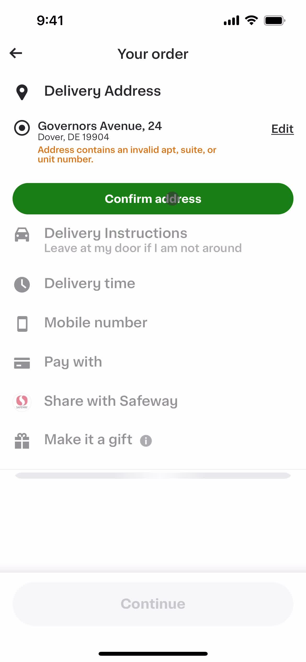 Instacart confirm address screenshot