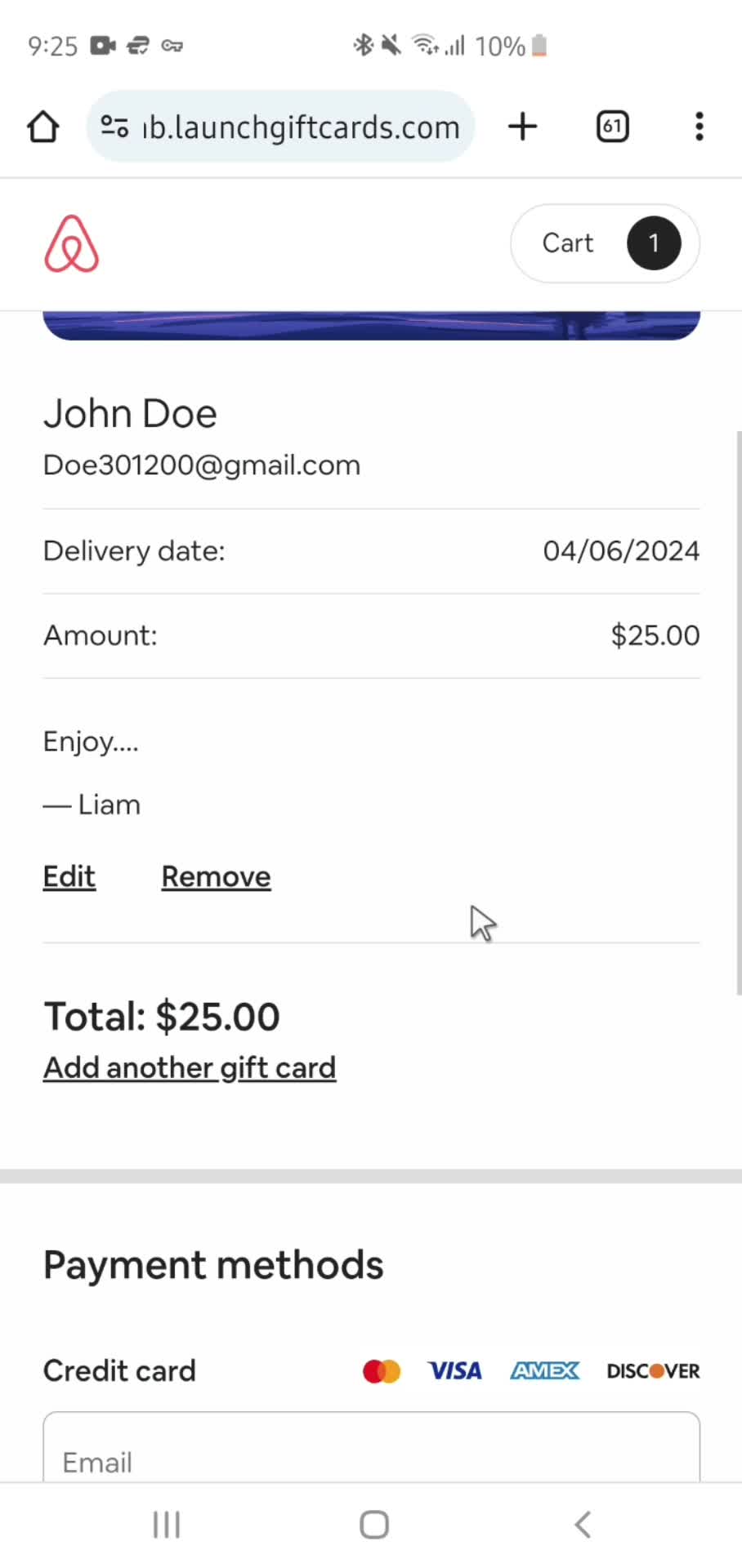 Buying a gift card screenshot