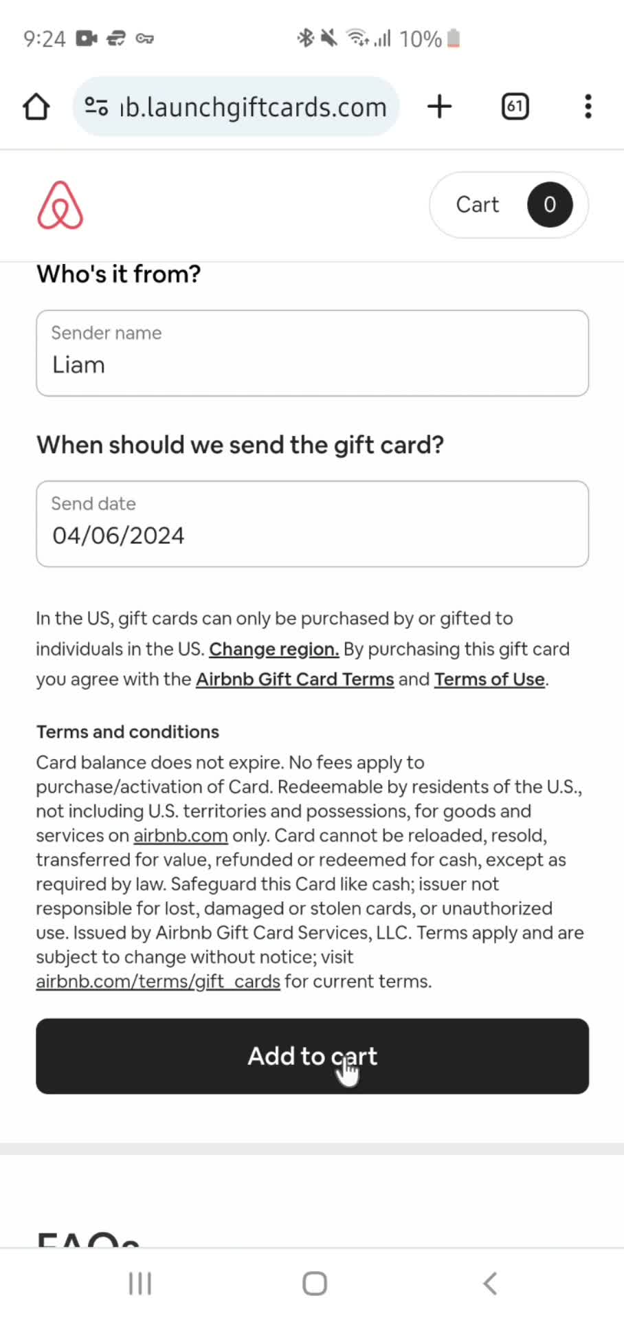 Buying a gift card screenshot