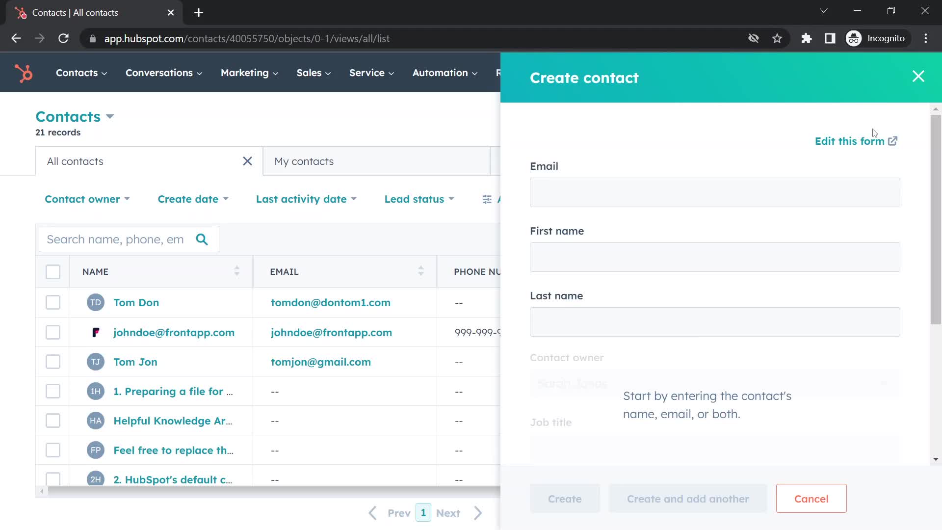 Screenshot of Create contact on CRM on HubSpot CRM user flow