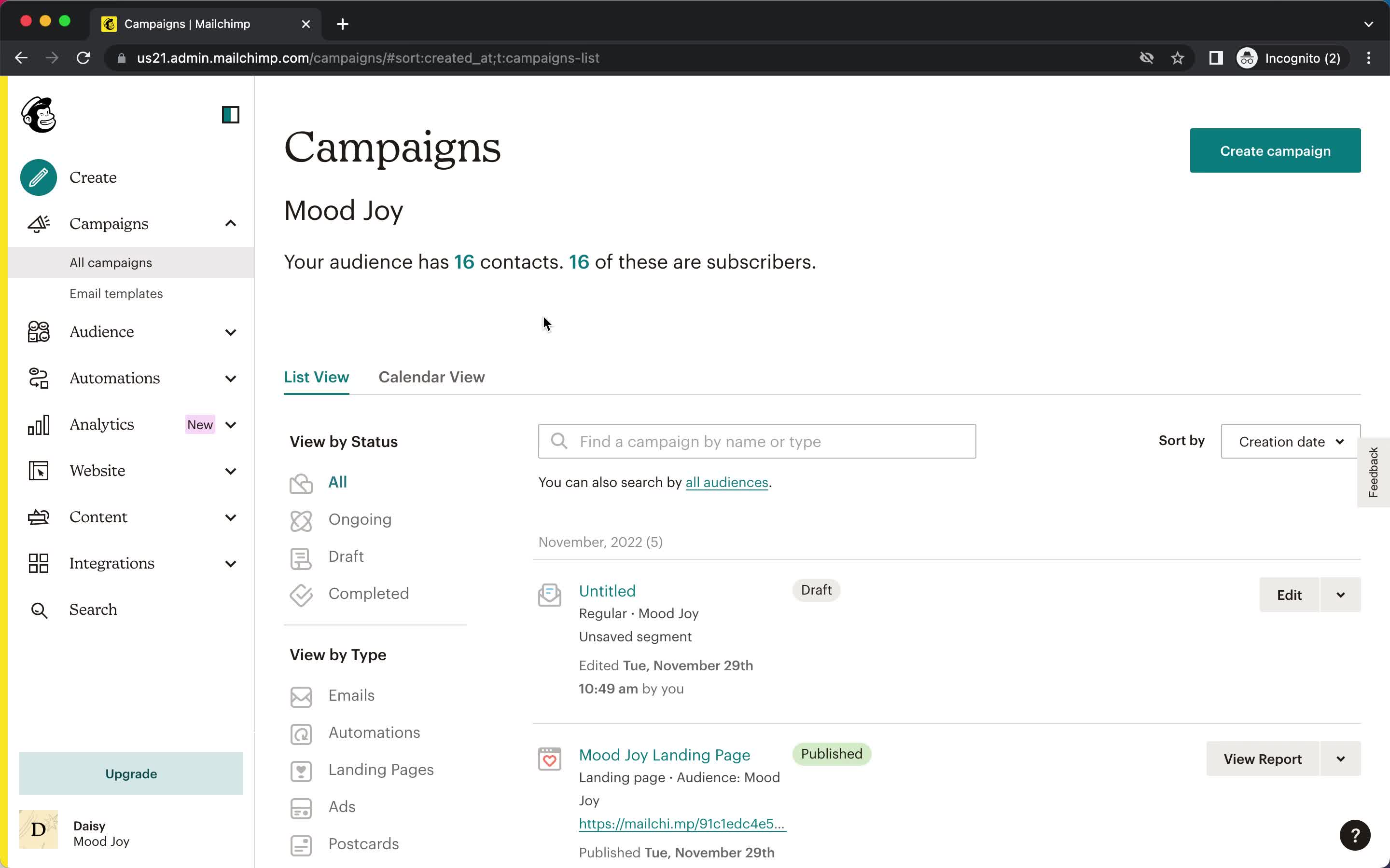 Screenshot of Campaigns on CRM on Mailchimp user flow