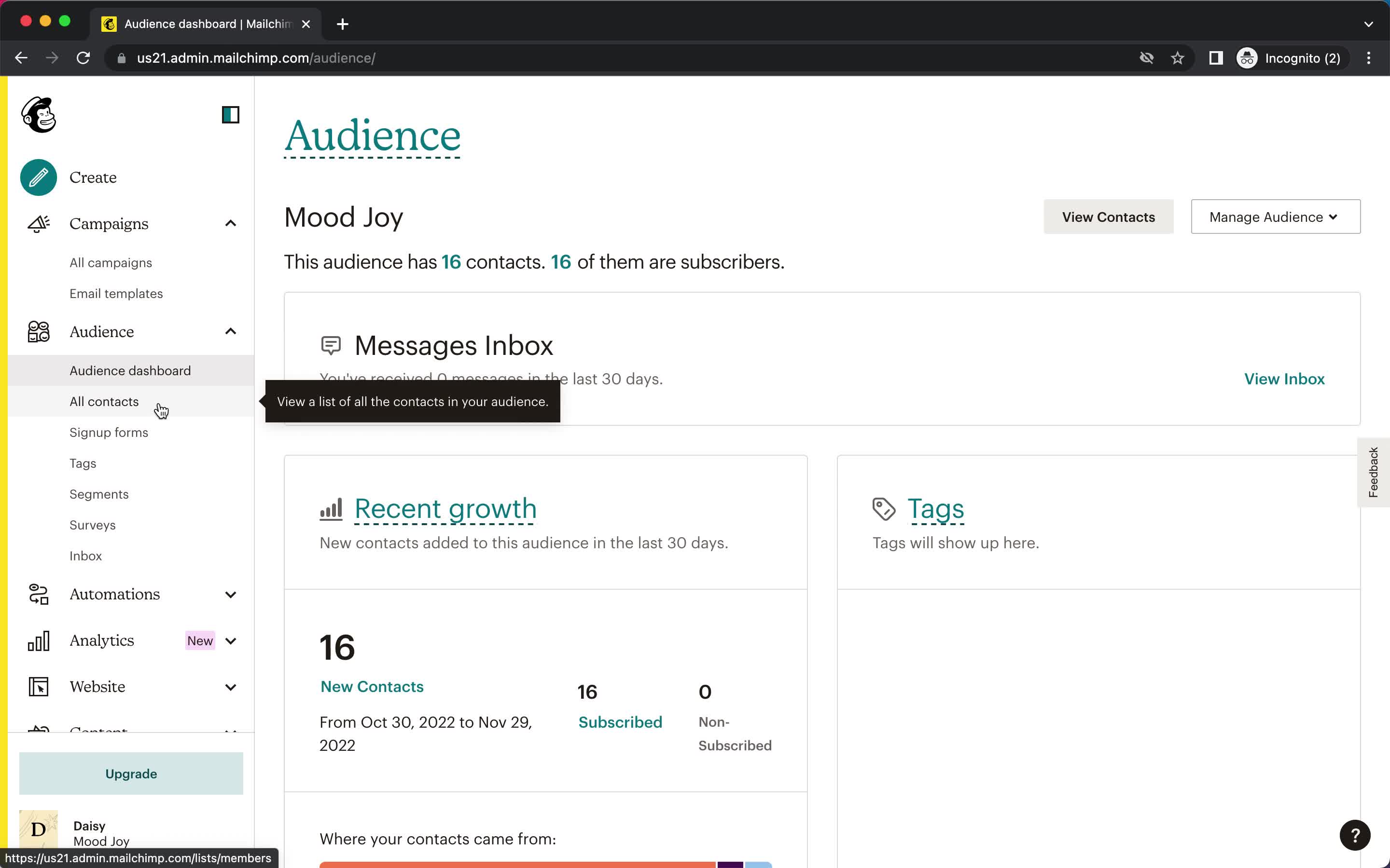 Screenshot of Audience on CRM on Mailchimp user flow