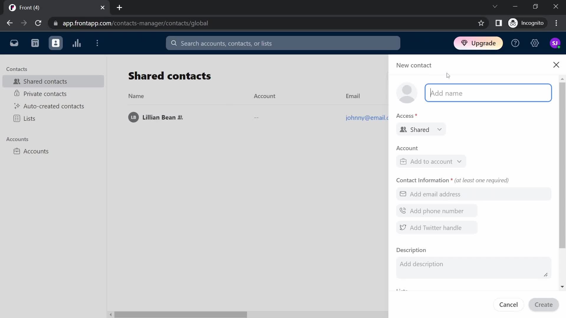 Screenshot of Create contact on CRM on Front user flow