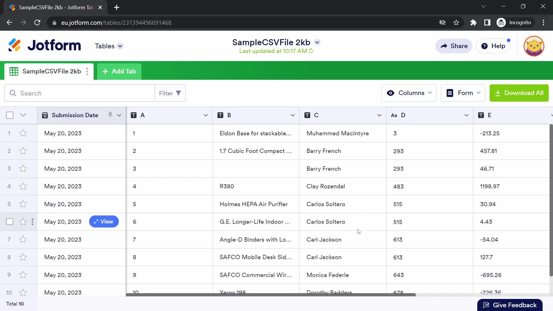 CSV import screenshot