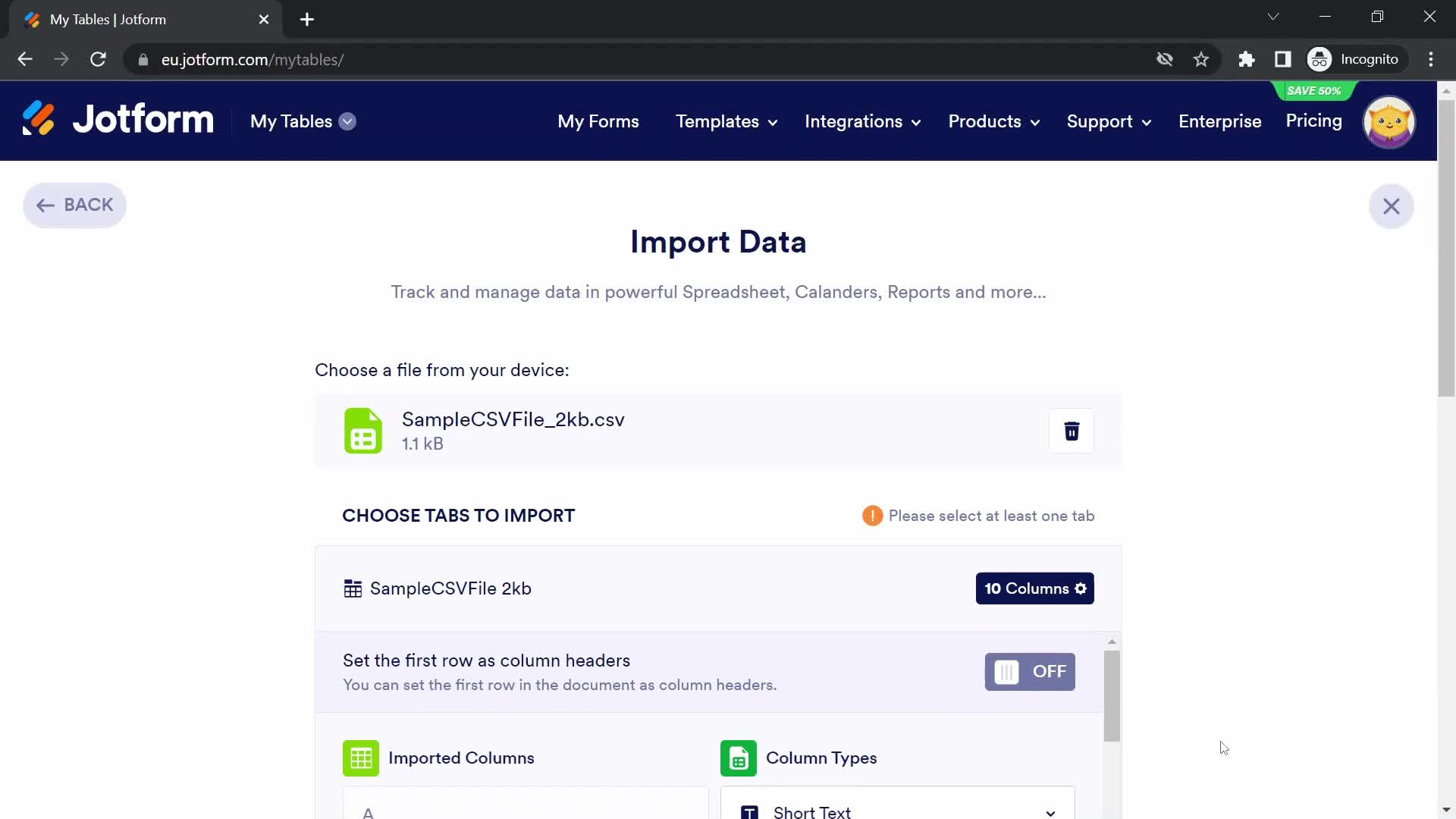 CSV import screenshot