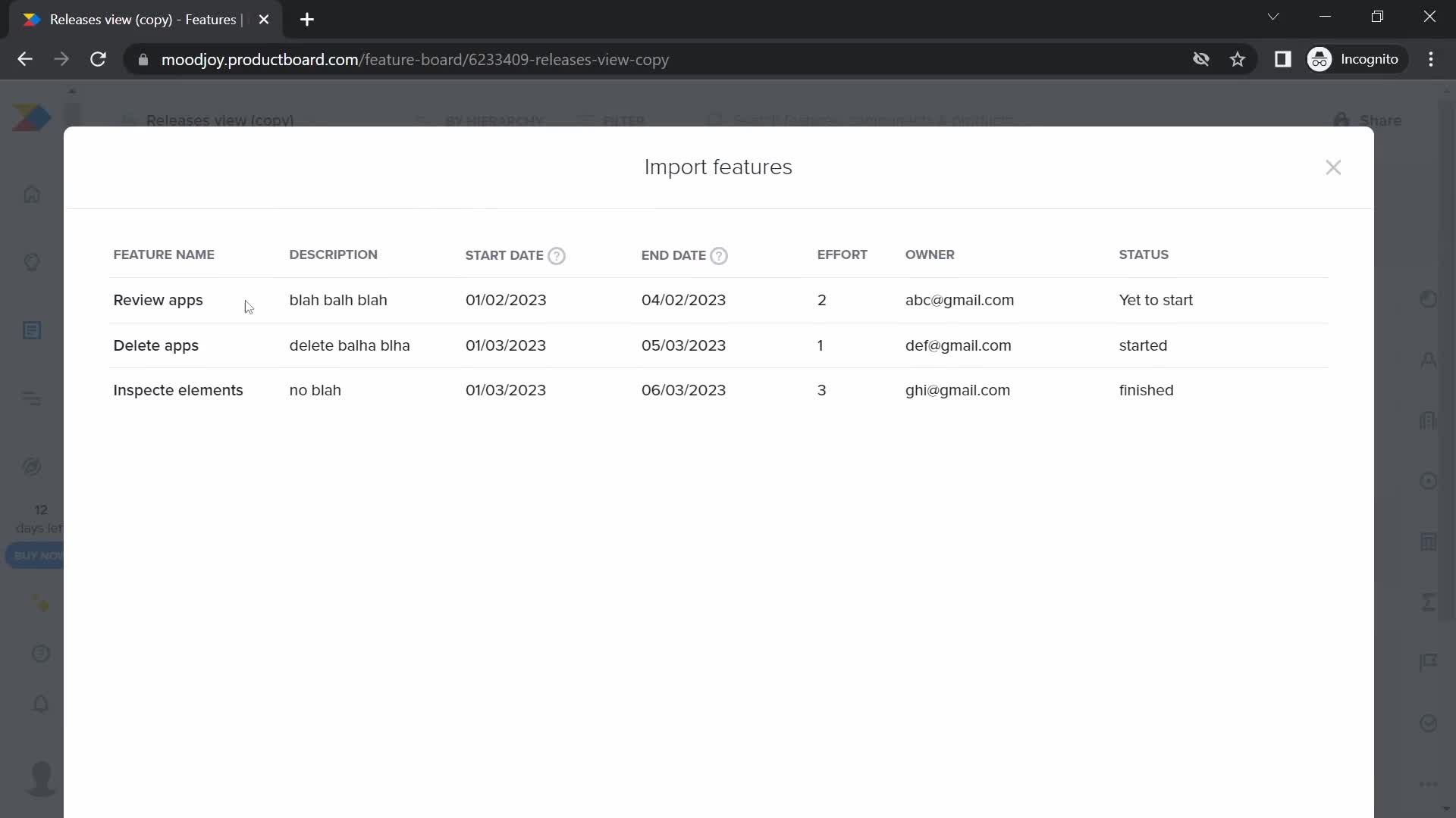 CSV import screenshot