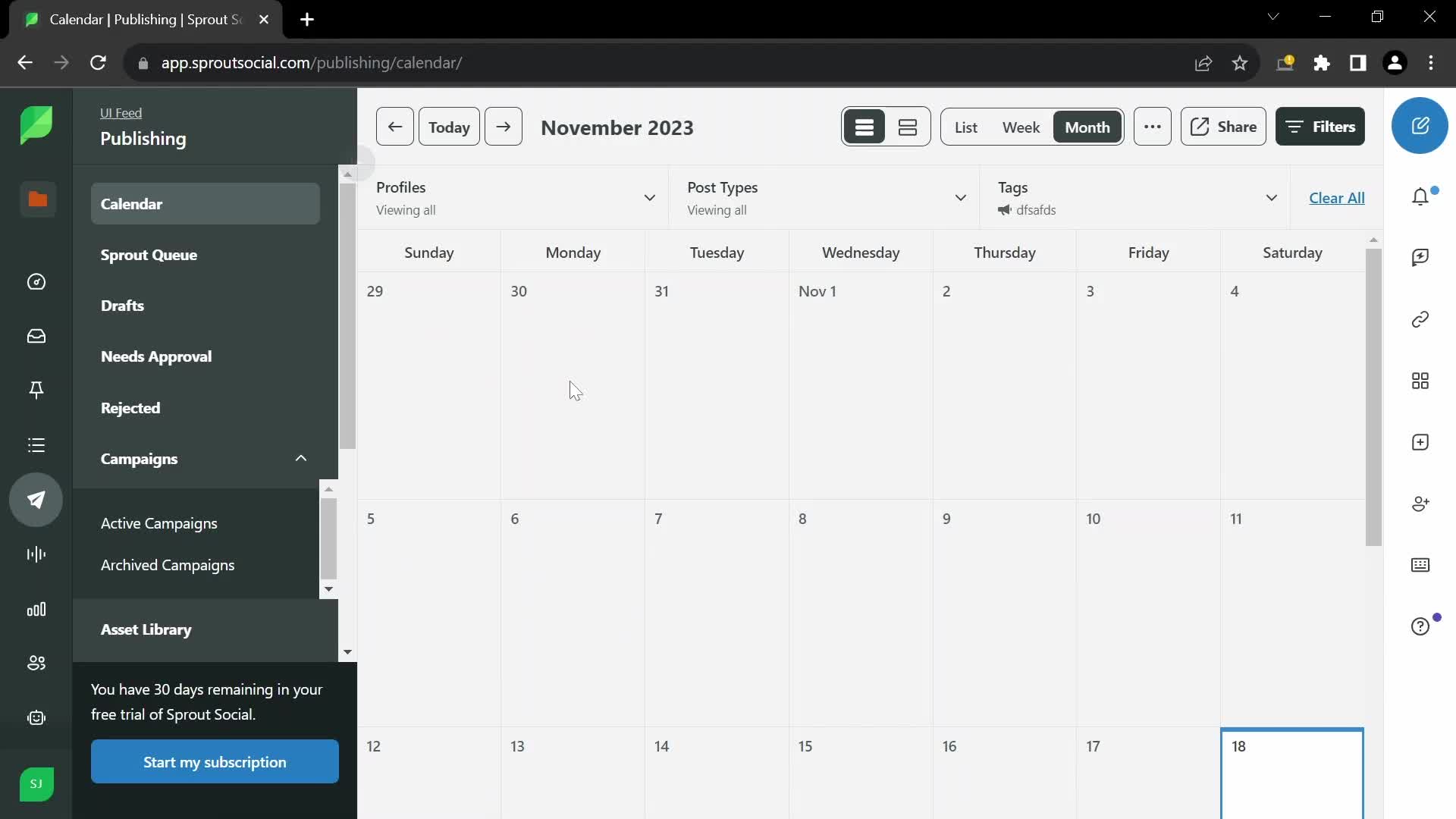 Screenshot of Calendar on CSV import on Sprout Social user flow