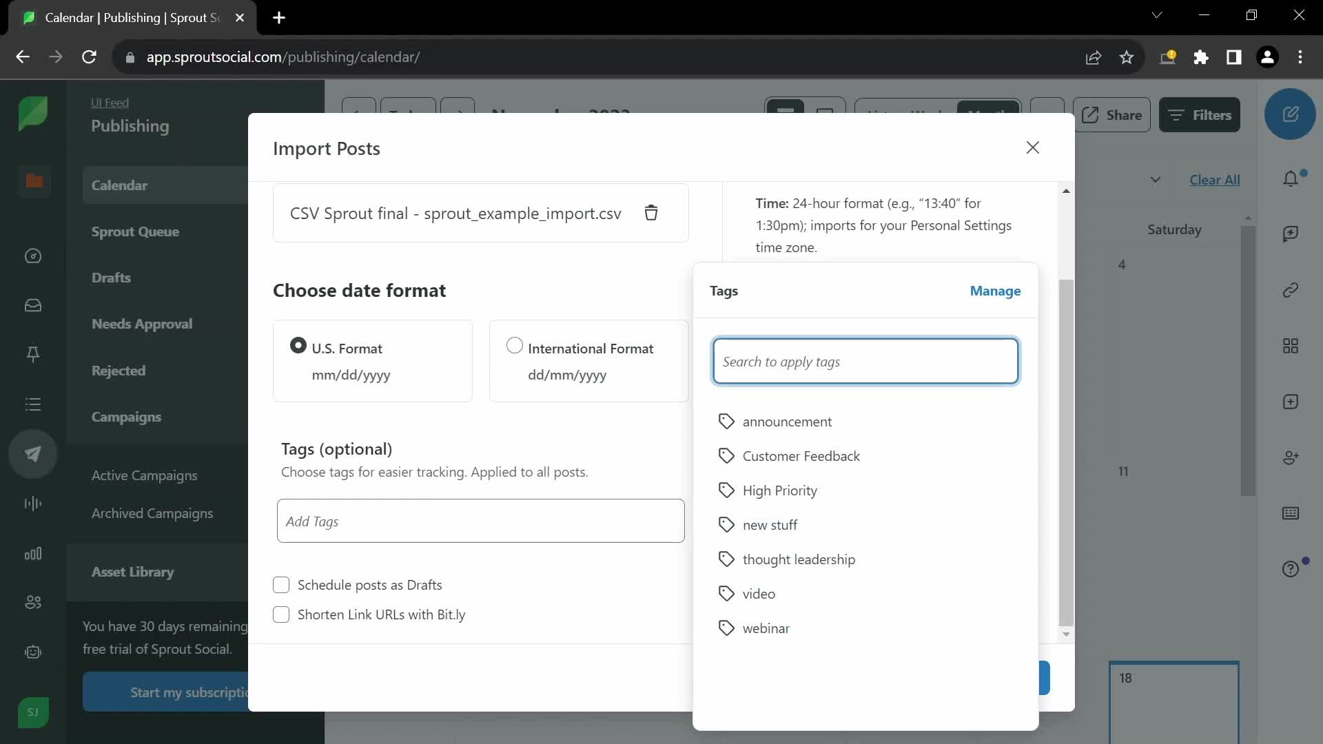 CSV import screenshot