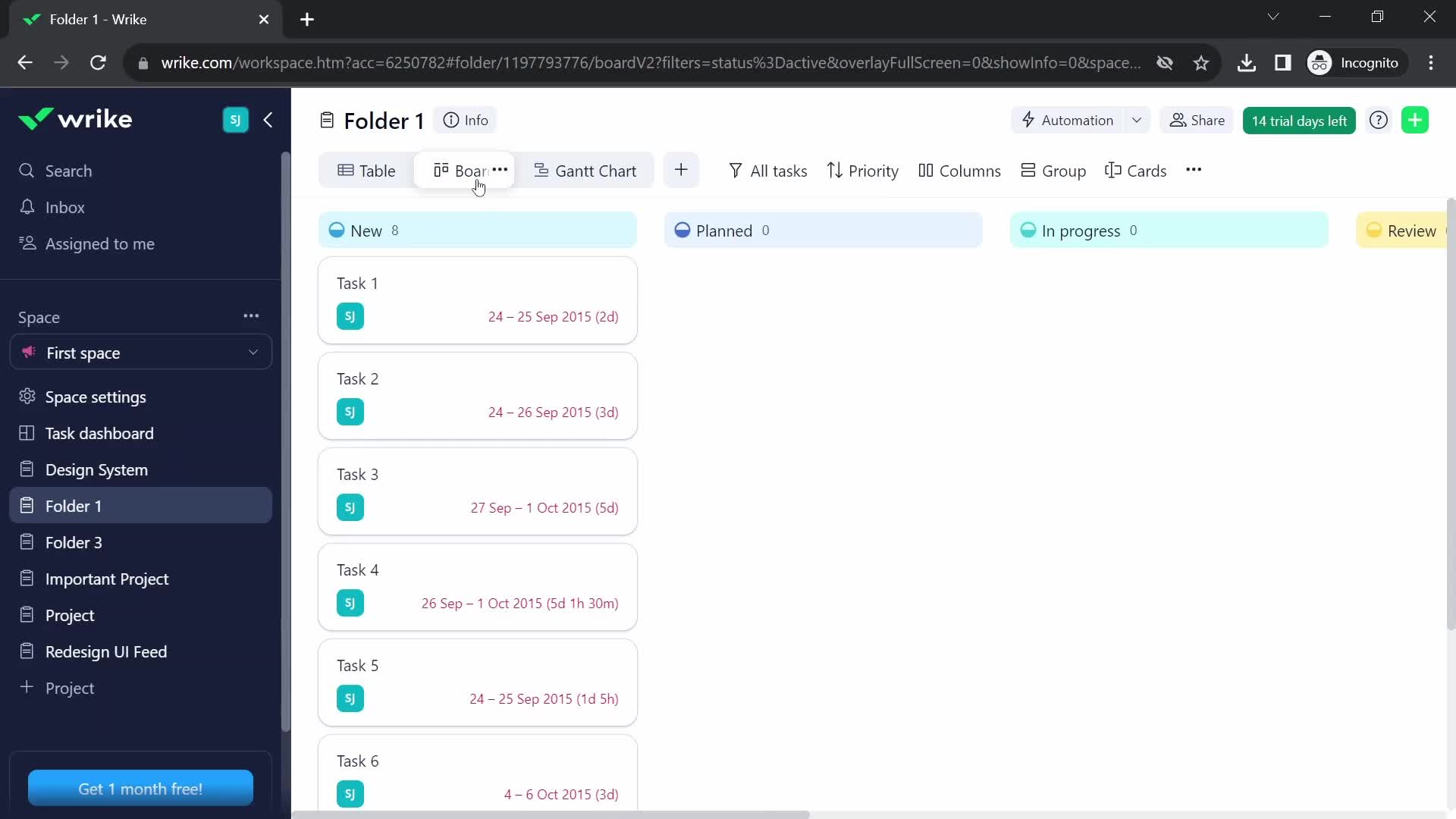 Screenshot of Kanban board on CSV import on Wrike user flow