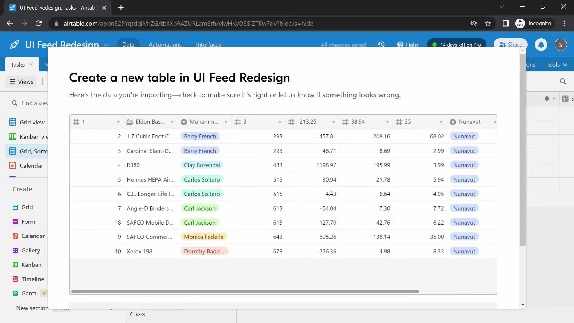 CSV import screenshot