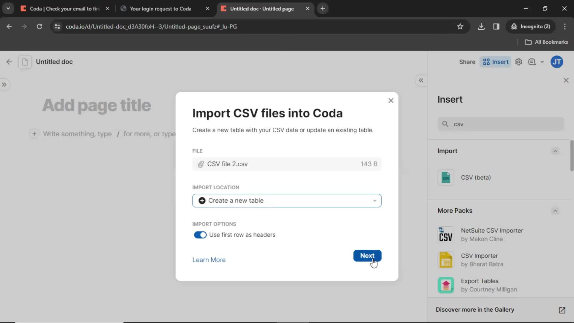 CSV import screenshot