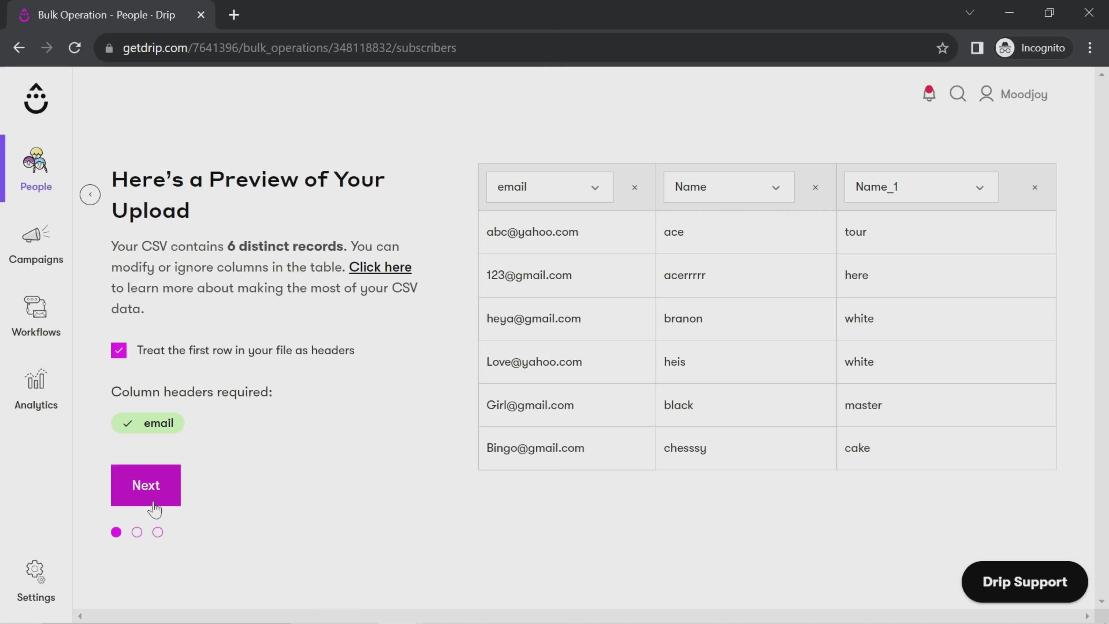 CSV import screenshot