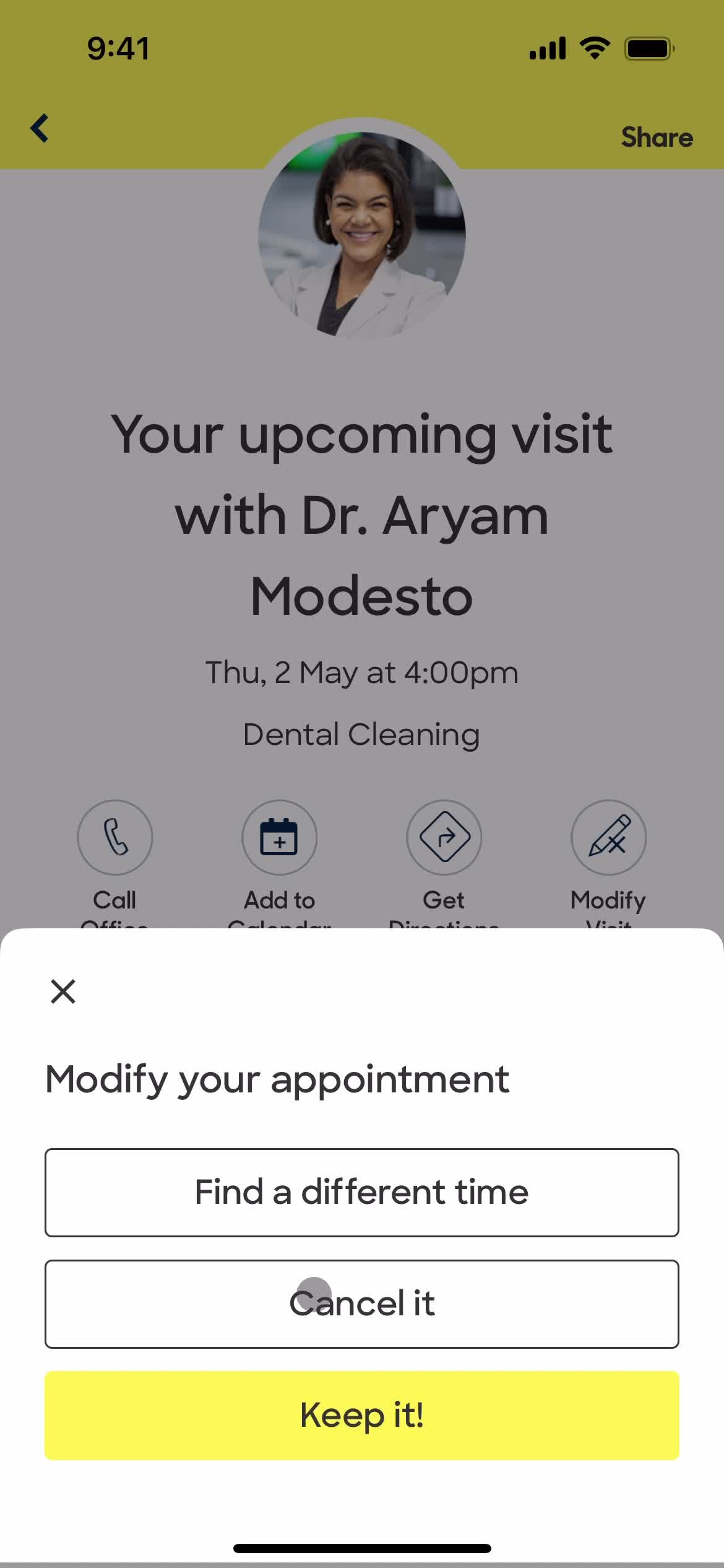 Cancelling an appointment screenshot