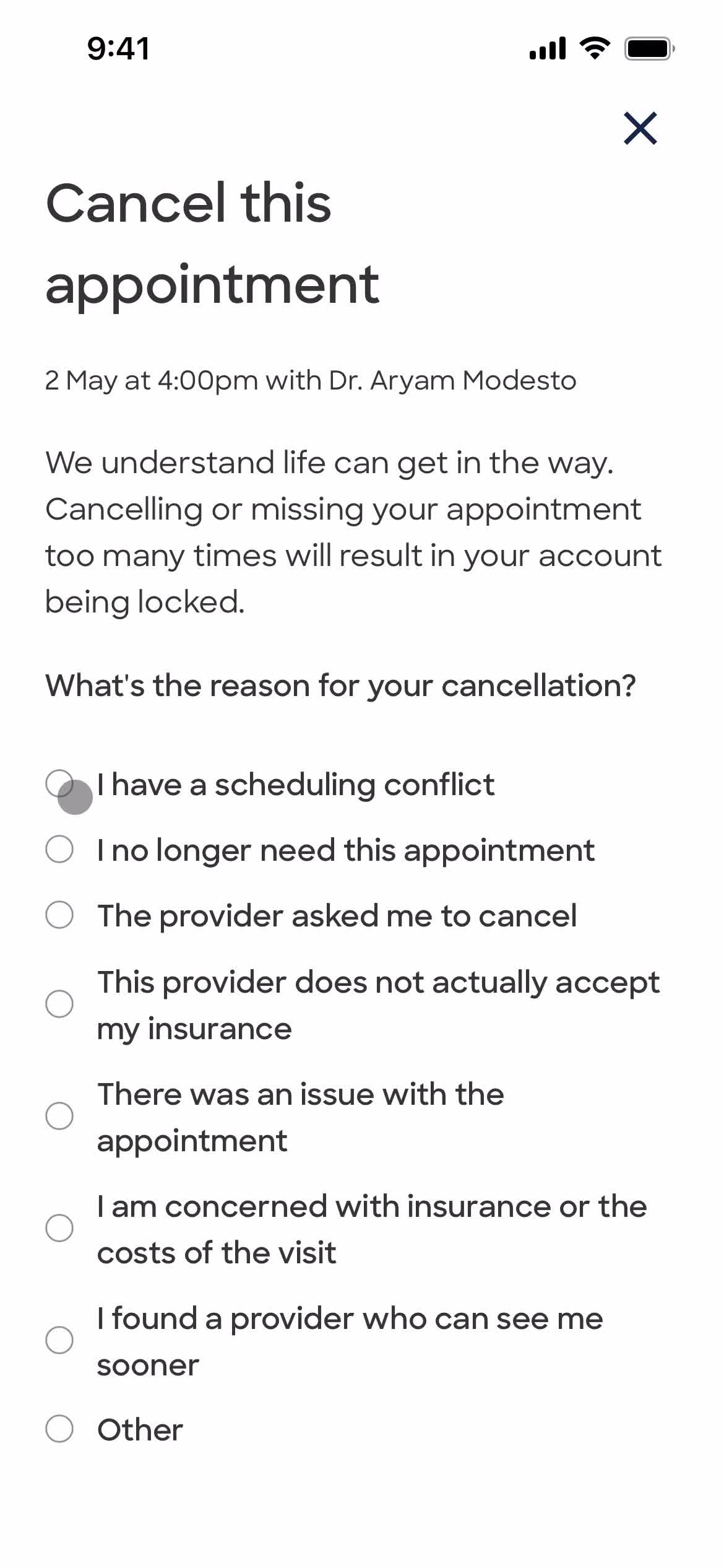 Cancelling an appointment screenshot