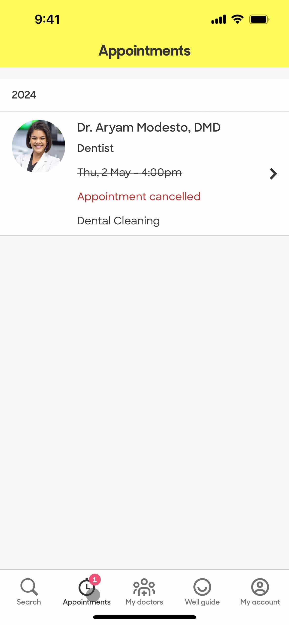 Cancelling an appointment screenshot