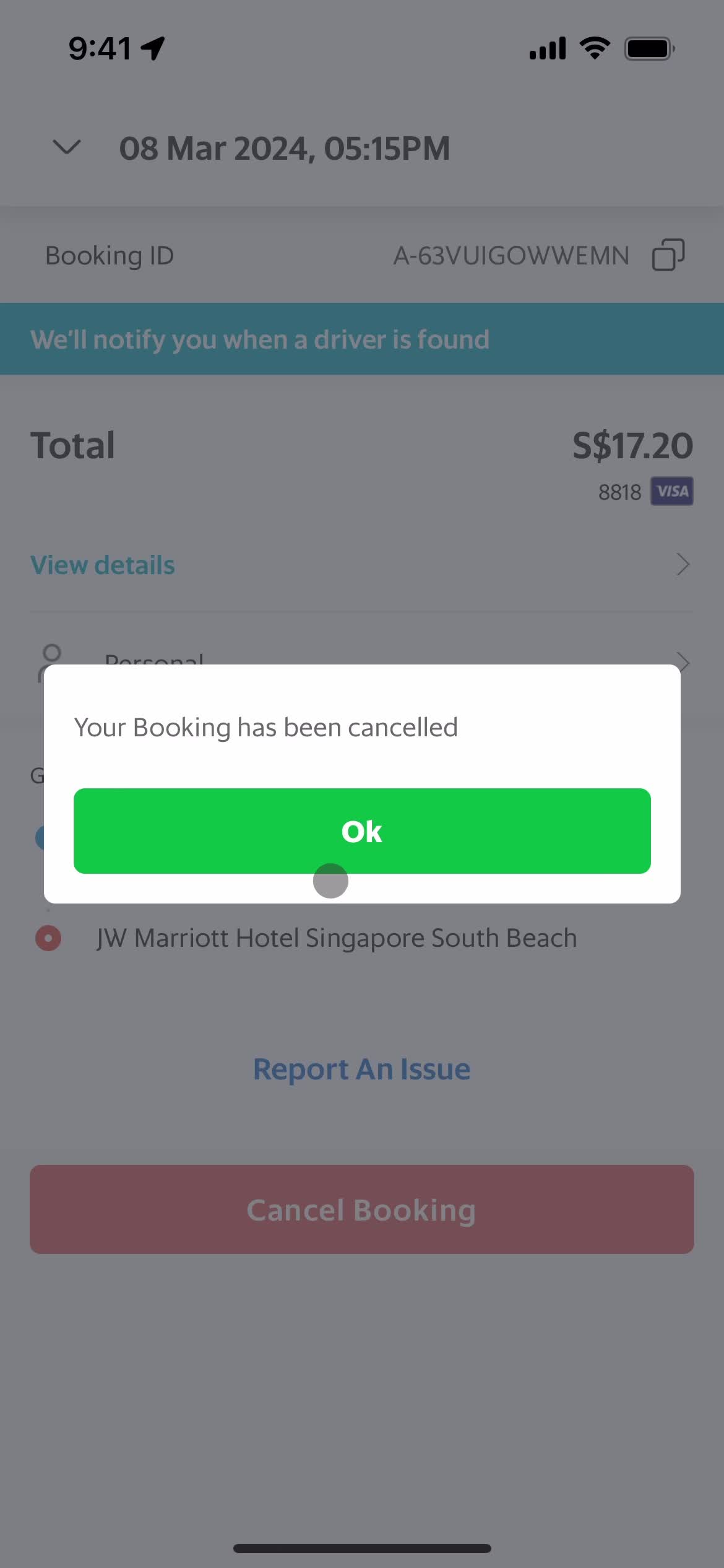 Canceling a booking screenshot